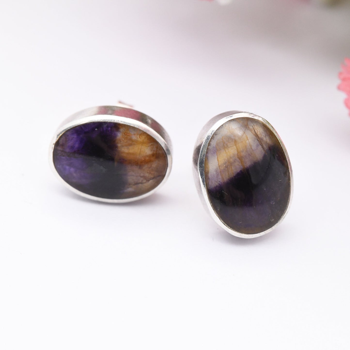 Vintage Sterling Silver Blue John Stud Earrings - Large Chunky Studs | Oval Purple Gemstones