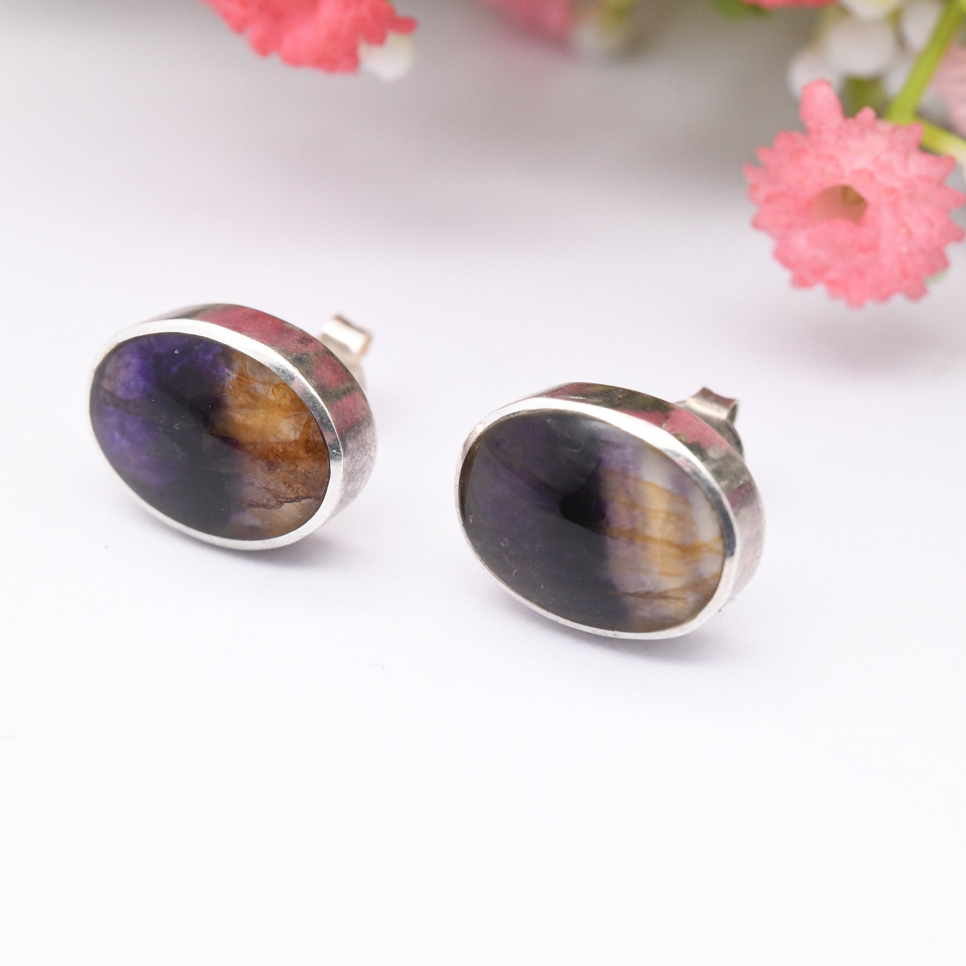 Vintage Sterling Silver Blue John Stud Earrings - Large Chunky Studs | Oval Purple Gemstones