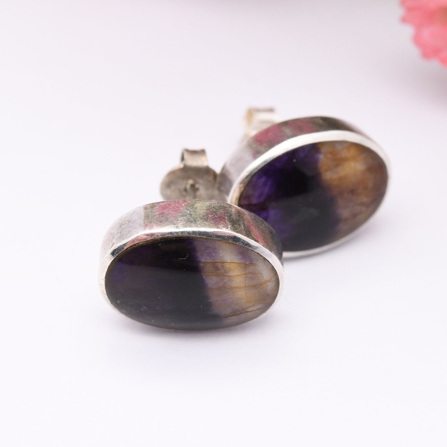 Vintage Sterling Silver Blue John Stud Earrings - Large Chunky Studs | Oval Purple Gemstones