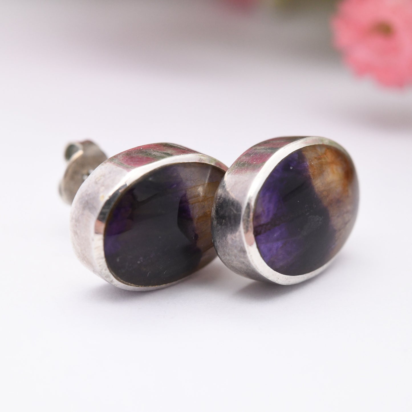 Vintage Sterling Silver Blue John Stud Earrings - Large Chunky Studs | Oval Purple Gemstones