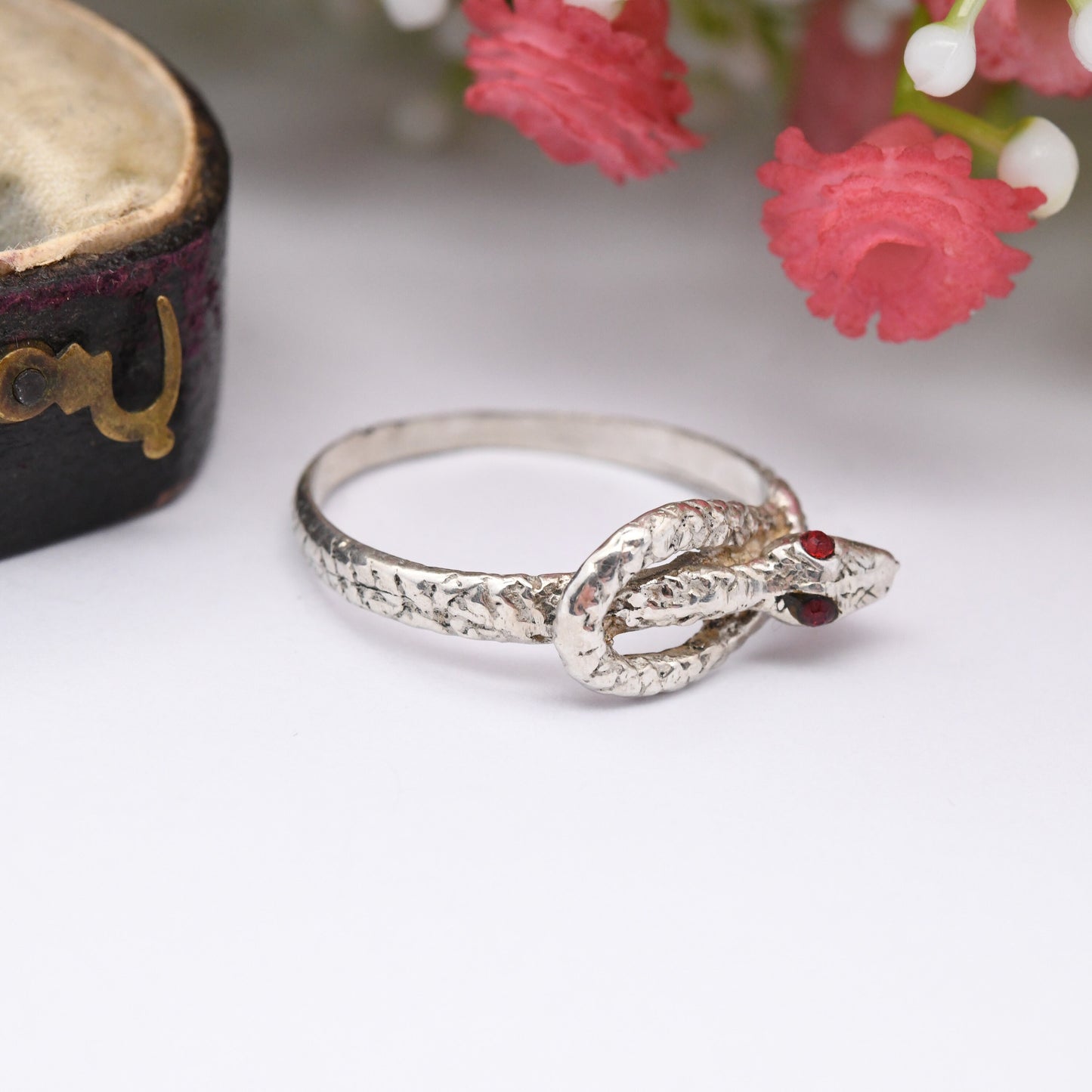 Vintage Silver Snake Ring with Red Heads - Coiled Snake Band Ouroboros | Portuguese Animal Jewellery | UK Size - Q | US Size - 8