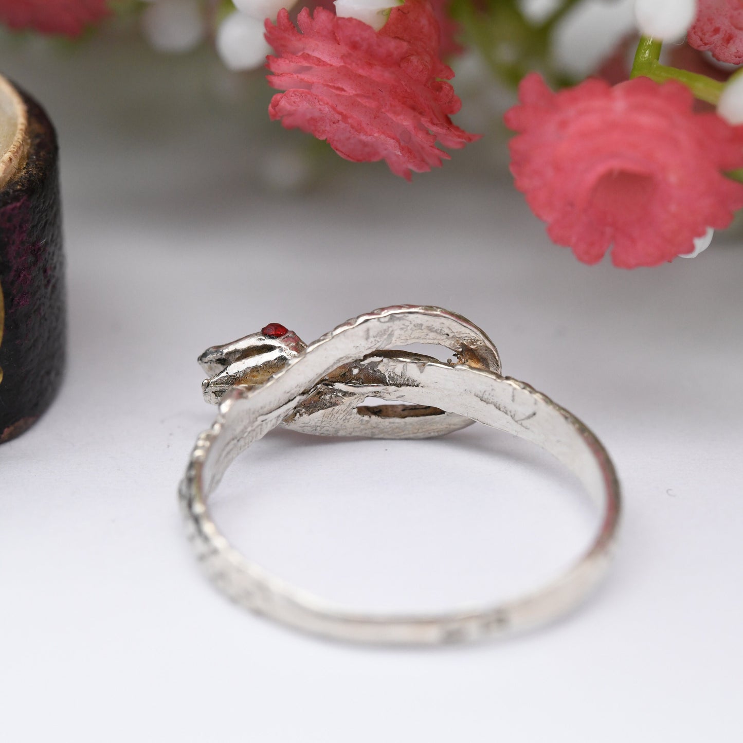 Vintage Silver Snake Ring with Red Heads - Coiled Snake Band Ouroboros | Portuguese Animal Jewellery | UK Size - Q | US Size - 8