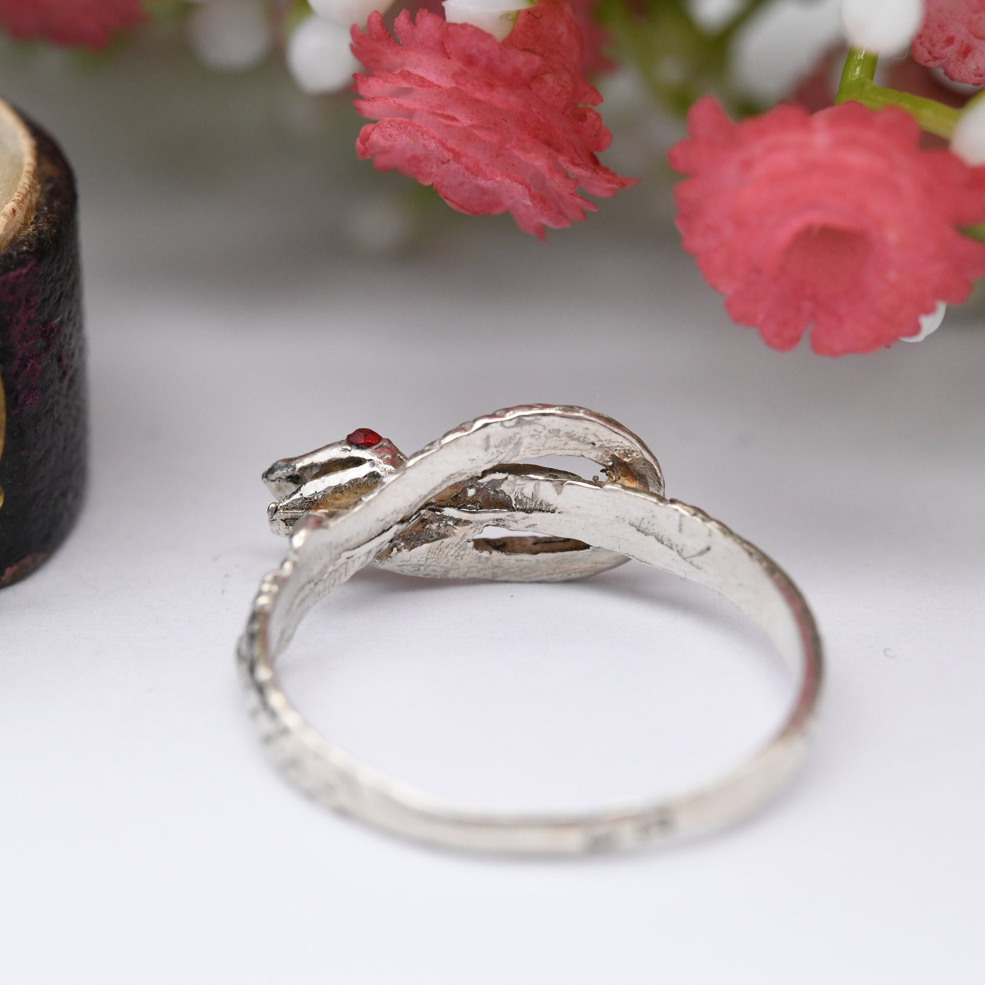 Vintage Silver Snake Ring with Red Heads - Coiled Snake Band Ouroboros | Portuguese Animal Jewellery | UK Size - Q | US Size - 8