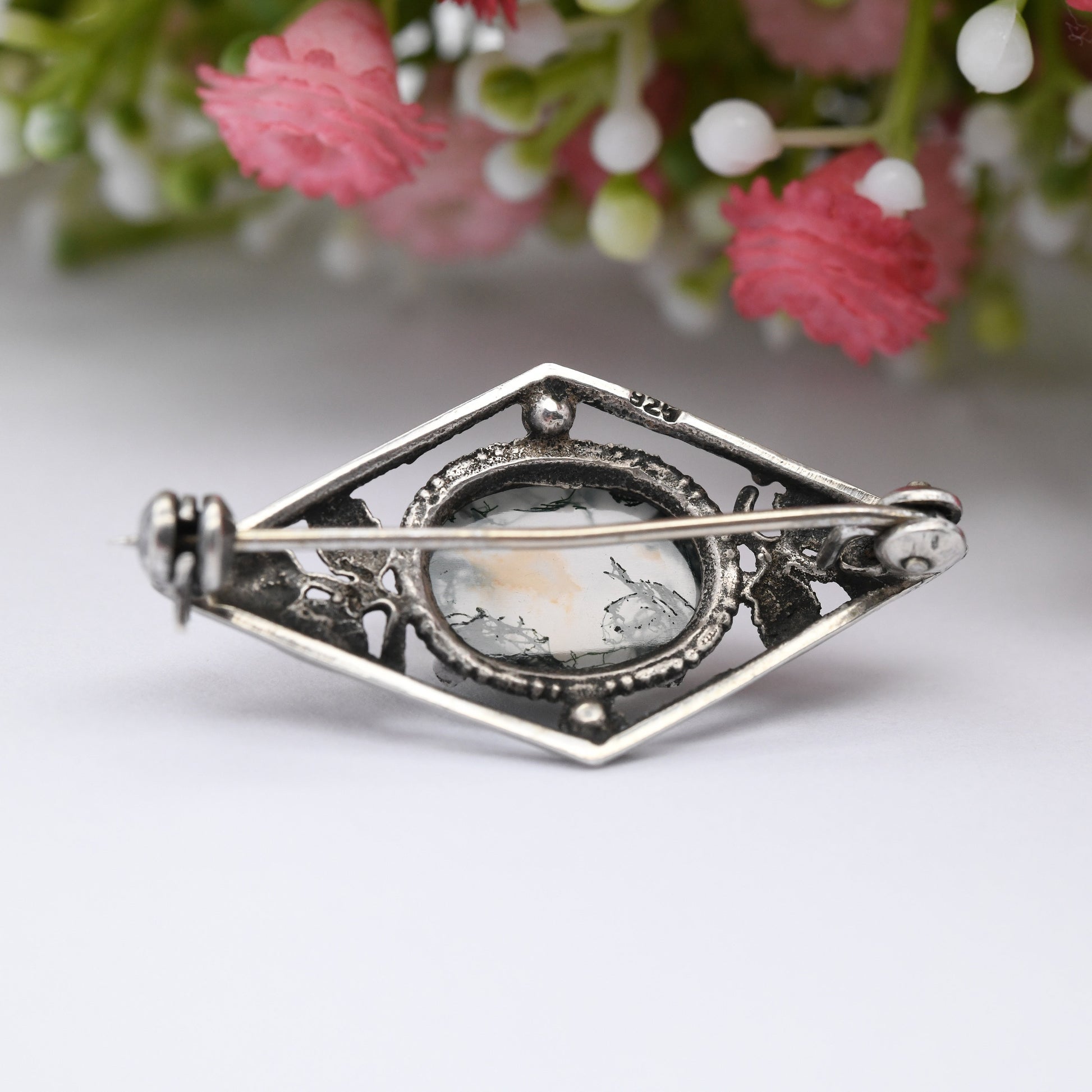 Vintage Moss Agate Sterling Silver Brooch - Art Nouveau Style | Natural Leaves Detail