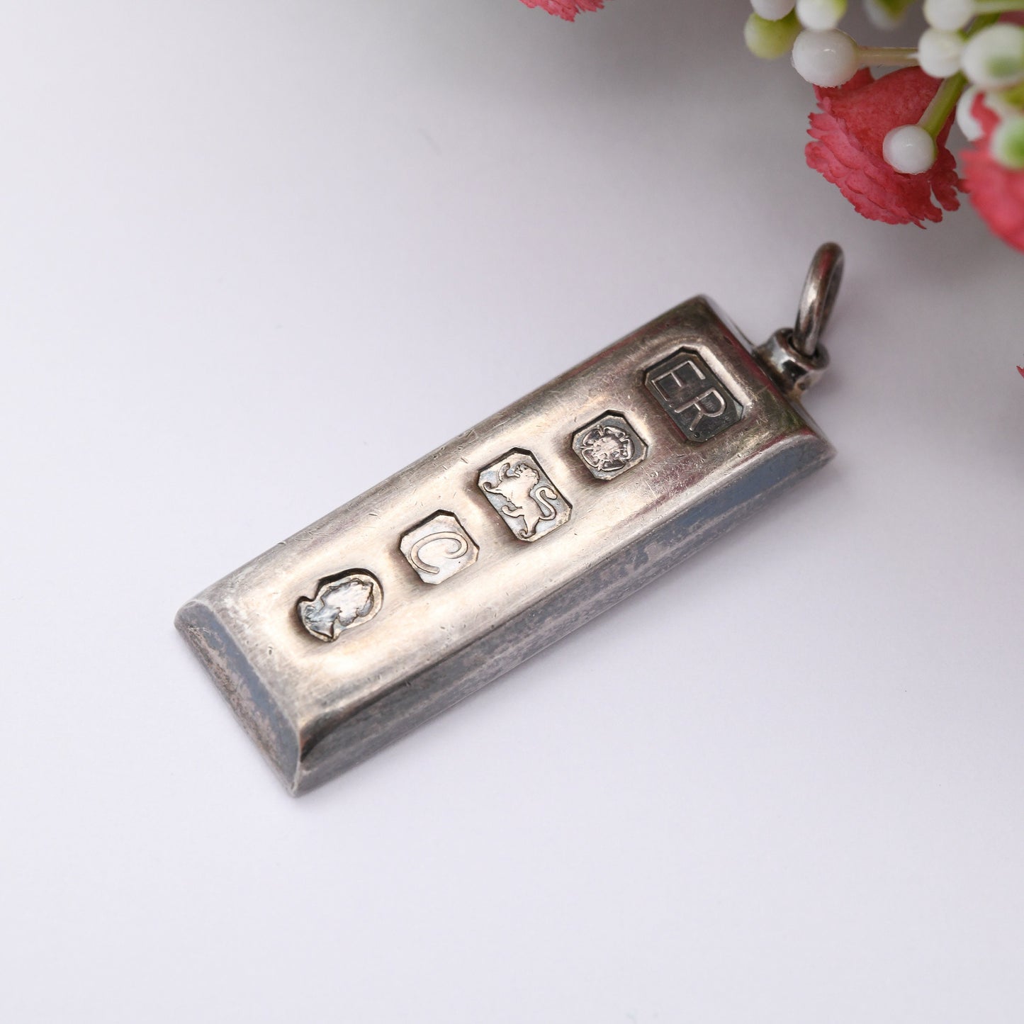 Vintage Sterling Silver Ingot Pendant 1977 with Queen Elizabeth II Silver Jubilee Stamp - Hallmarked Sheffield ER | Mid-Century Necklace