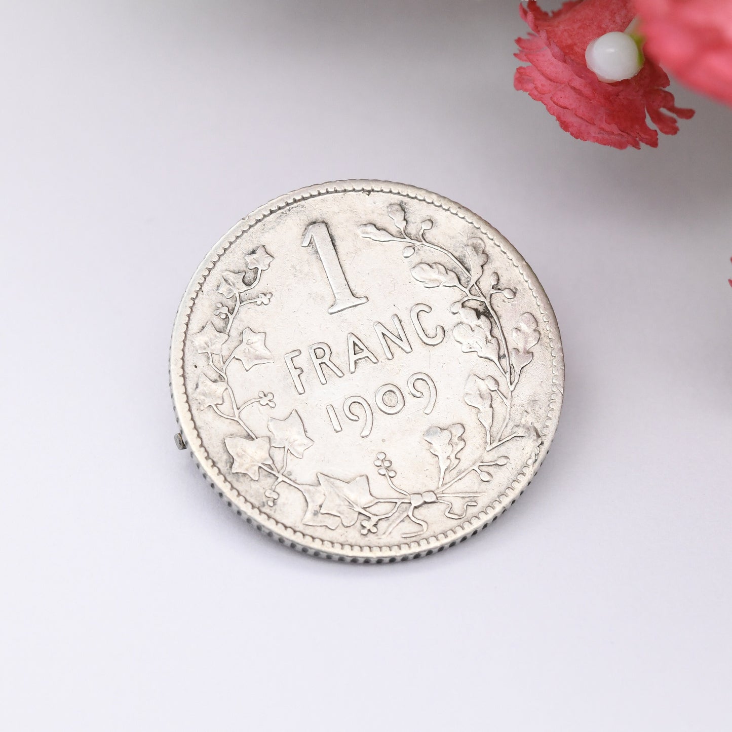 Antique Silver Belgian 1 Franc 1909 Coin Brooch - King Léopold II of Belgium | Silver Coin Jewellery