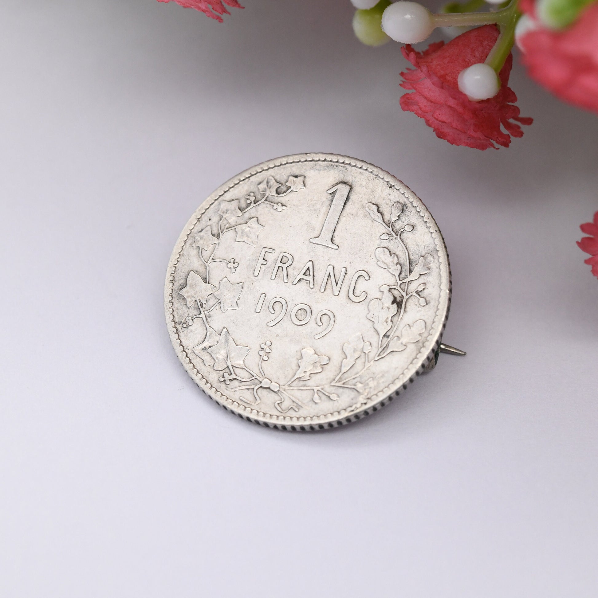 Antique Silver Belgian 1 Franc 1909 Coin Brooch - King Léopold II of Belgium | Silver Coin Jewellery