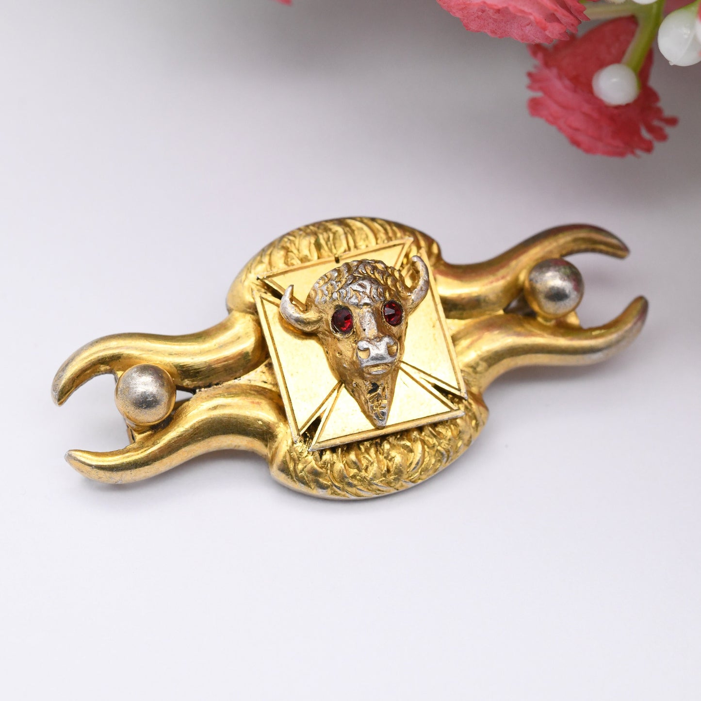 Vintage Sterling Silver Gilt Buffalo Brooch 1965 1966 - Ryhope Lodge Masonic Collectable Jewellery | Free Masons | Order of Buffaloes