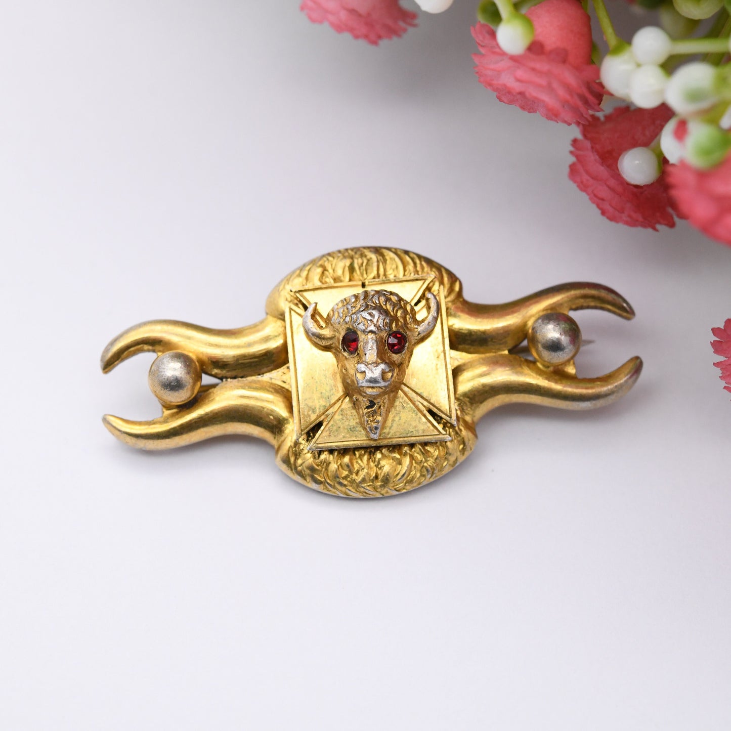 Vintage Sterling Silver Gilt Buffalo Brooch 1965 1966 - Ryhope Lodge Masonic Collectable Jewellery | Free Masons | Order of Buffaloes