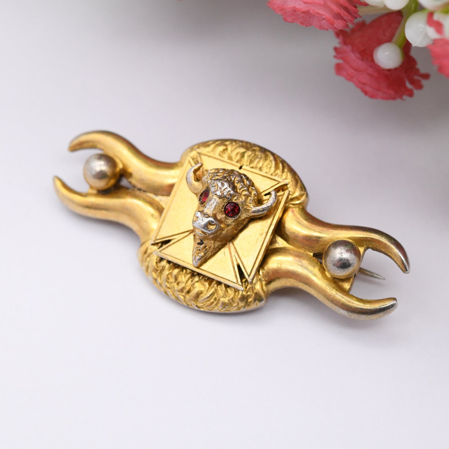 Vintage Sterling Silver Gilt Buffalo Brooch 1965 1966 - Ryhope Lodge Masonic Collectable Jewellery | Free Masons | Order of Buffaloes