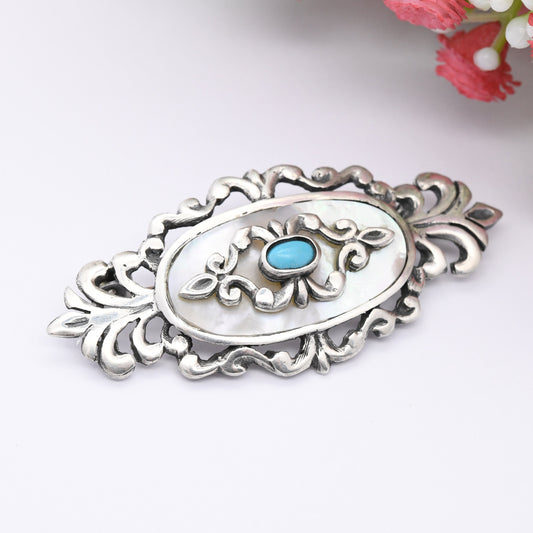 Vintage Greek Sterling Silver Mother of Pearl Turquoise Brooch - Ornate Antique Design