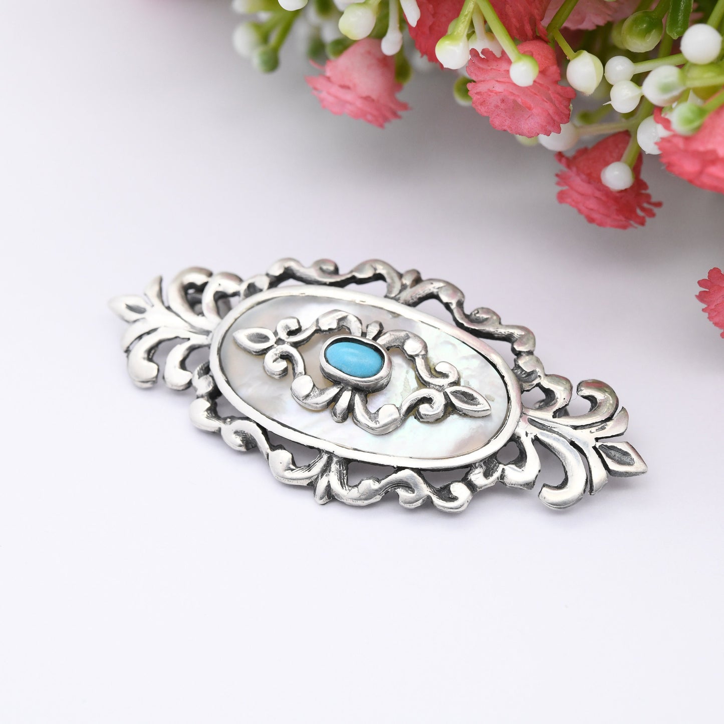 Vintage Greek Sterling Silver Mother of Pearl Turquoise Brooch - Ornate Antique Design