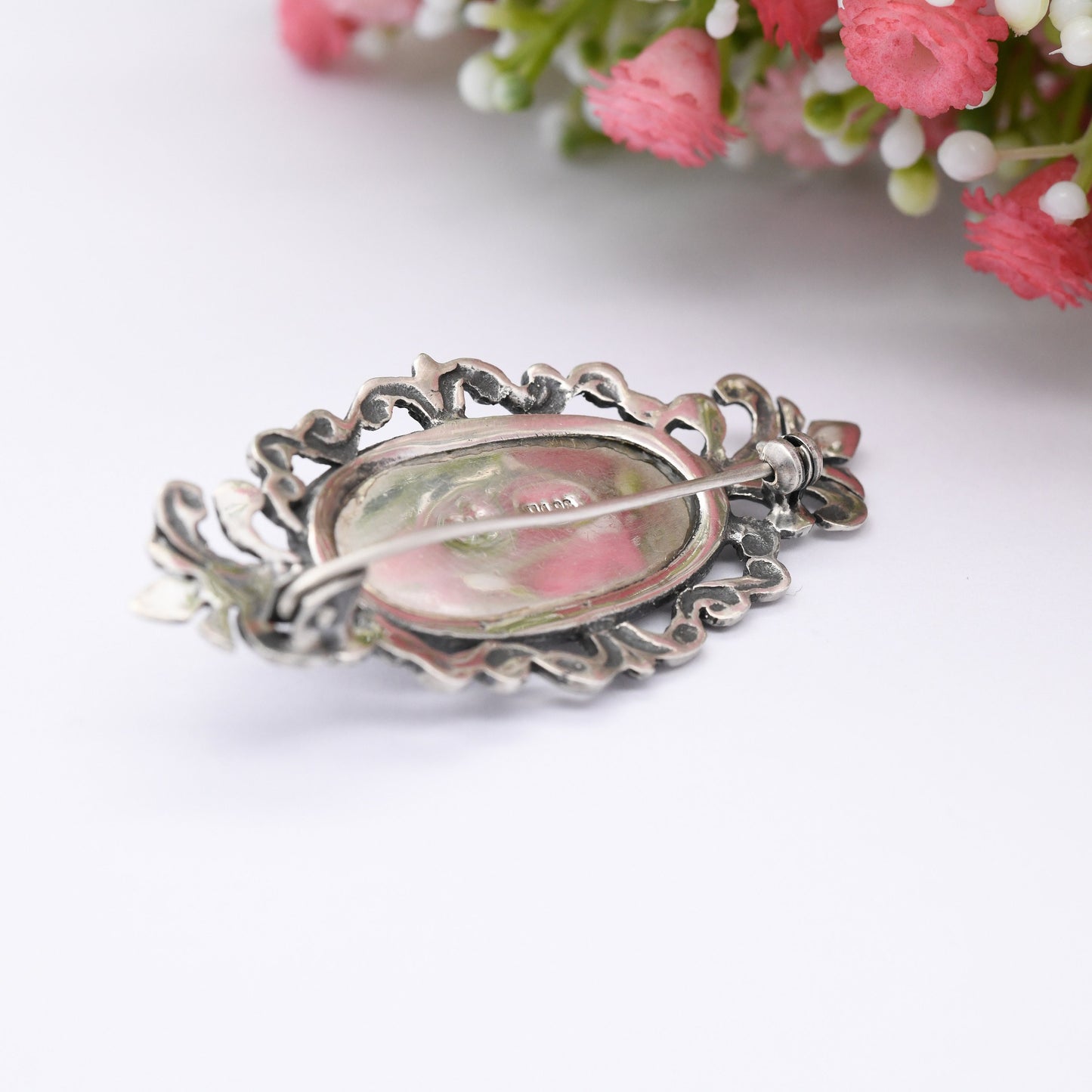 Vintage Greek Sterling Silver Mother of Pearl Turquoise Brooch - Ornate Antique Design