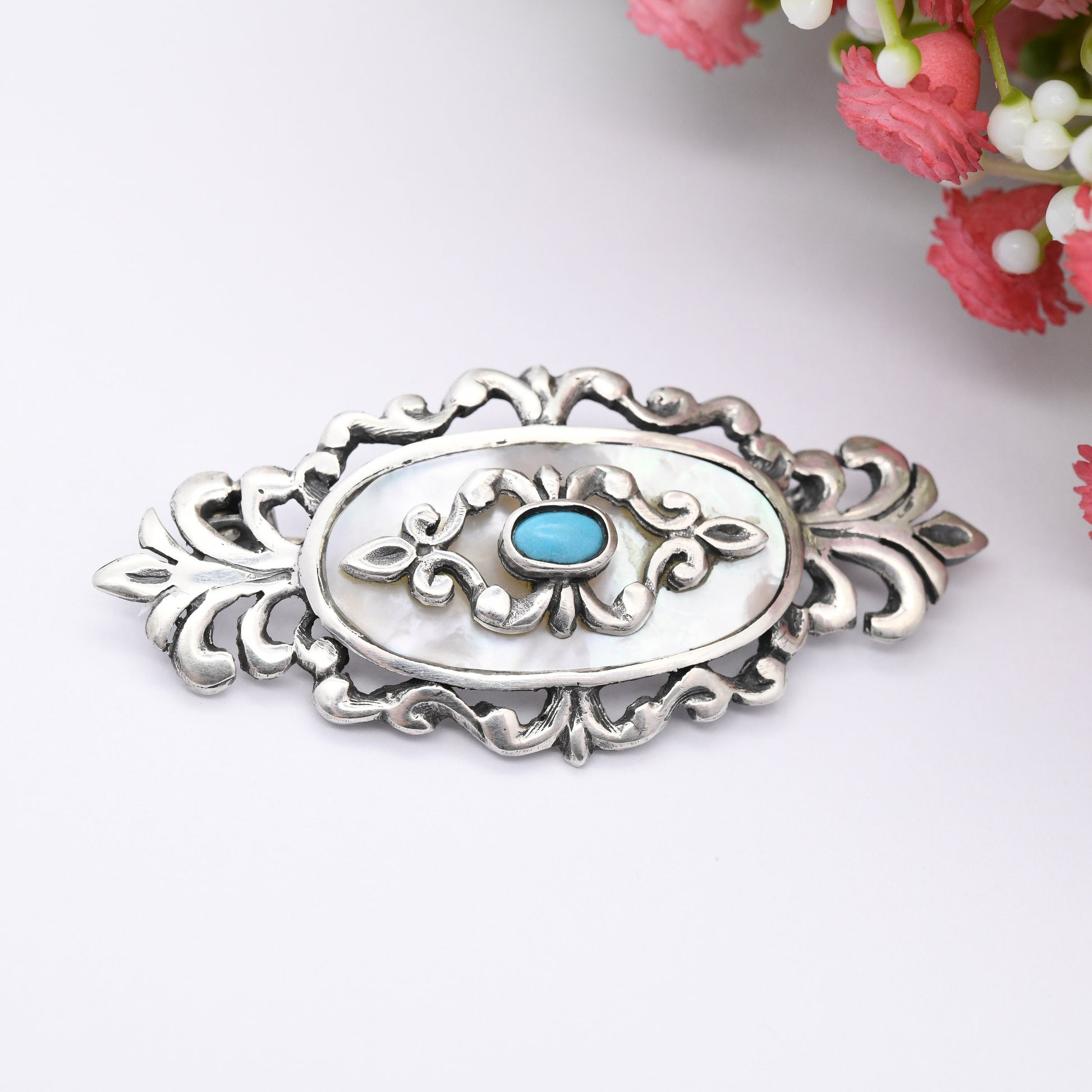 Vintage Greek Sterling Silver Mother of Pearl Turquoise Brooch - Ornate Antique Design