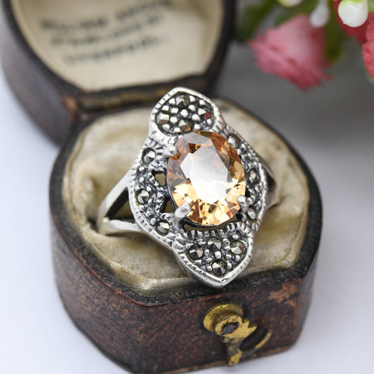 Vintage Sterling Silver Orange Gemstone Marcasite Ring - Statement Art Deco Style Cocktail Ring | UK Size - N | US Size - 6 3/4