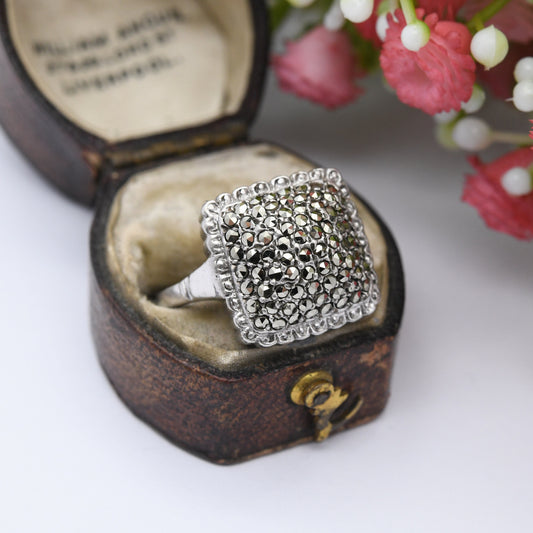 Vintage Sterling Silver Marcasite Boule Ring - Sparkly Cluster Cocktail Ring | Art Deco Style | UK Size - P | US Size - 7 1/2