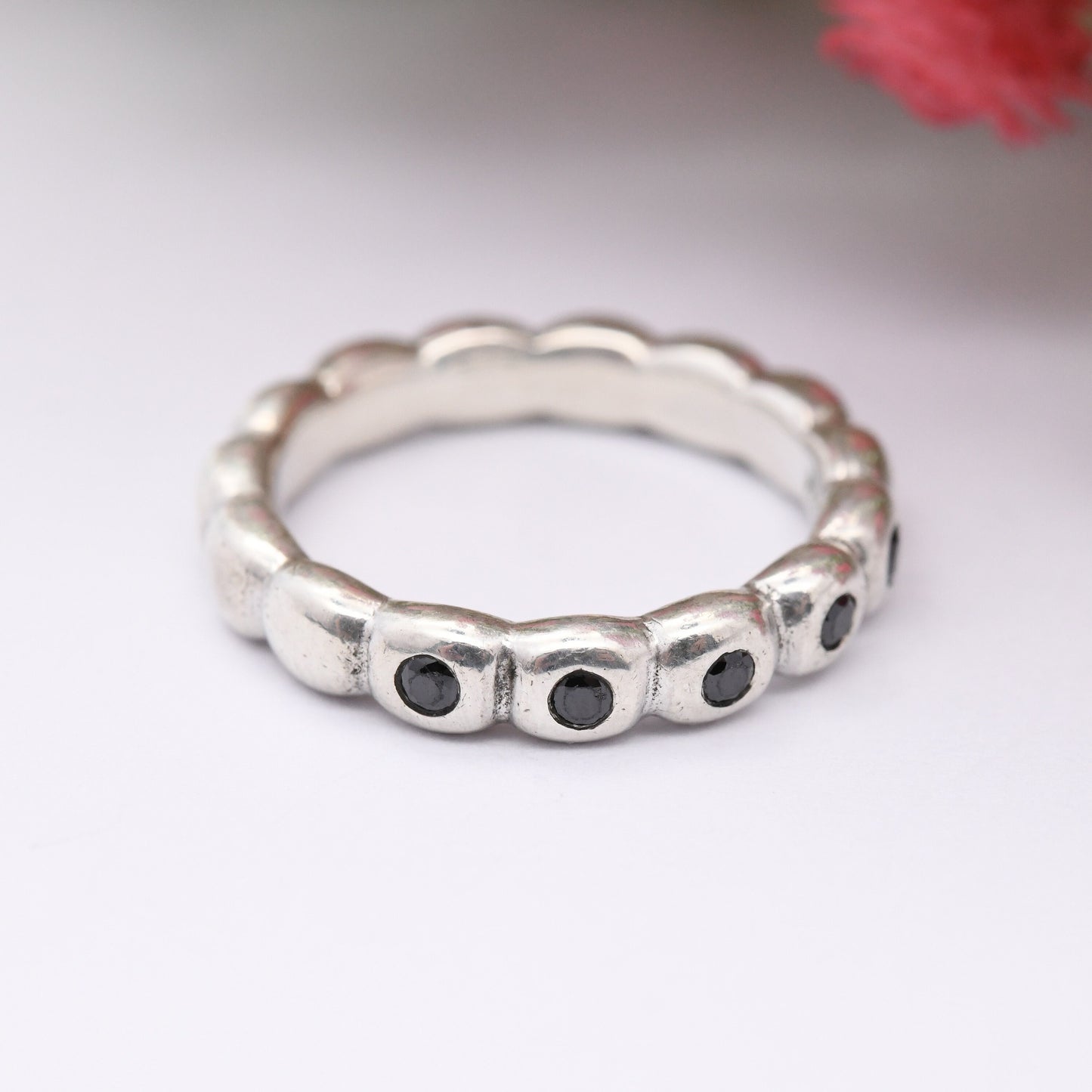 Pandora Sterling Silver Black Stone Half Eternity Ring with Bubble Band - Minimal Everyday Stacking Band | UK Size - O 1/2 | US Size - 7 1/2