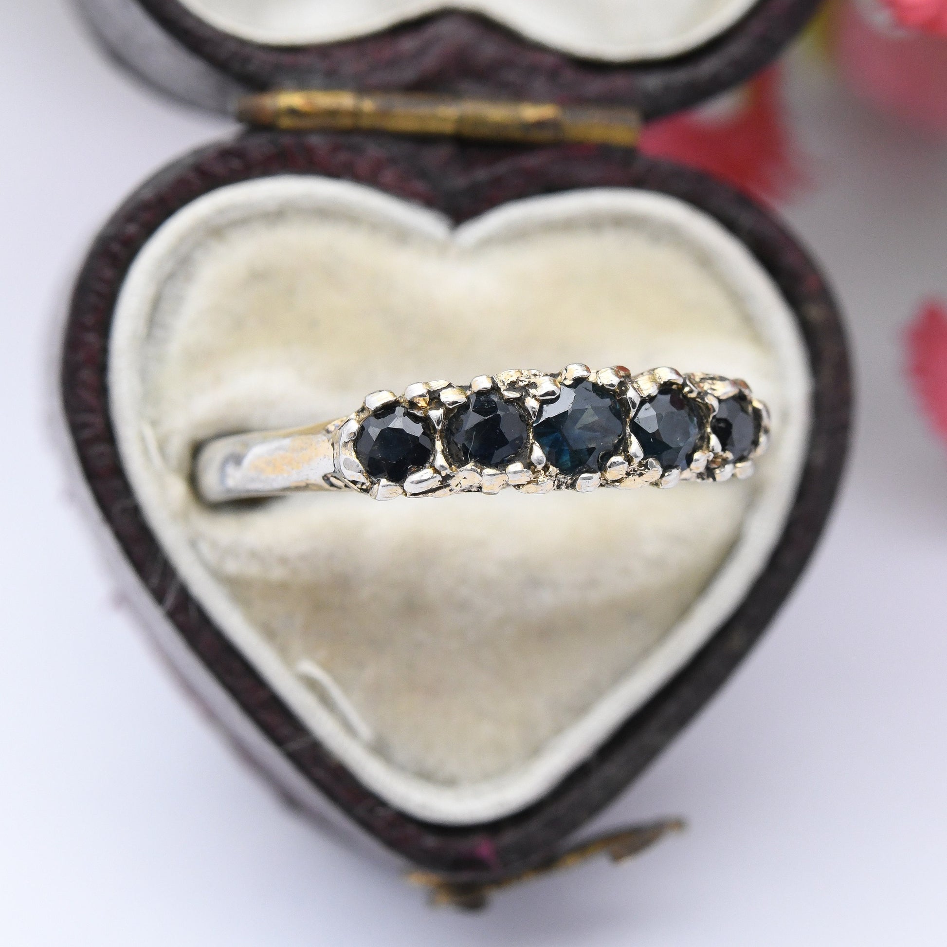 Vintage Sterling Silver Sapphire Five Stone Ring 1978 - Victorian Revival | Gold Plated | UK Size - S | US Size - 9