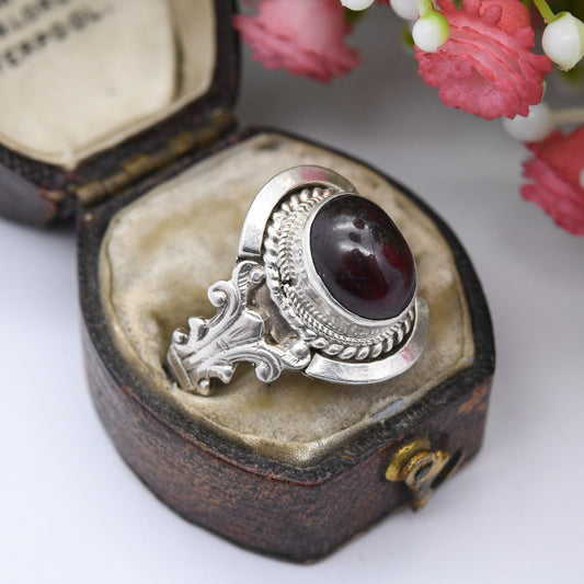 Vintage Silver Cabochon Garnet Ring Ornate Antique Design - Red Stone Statement Ring | UK Size - Q 1/2 | US Size - 8 1/4