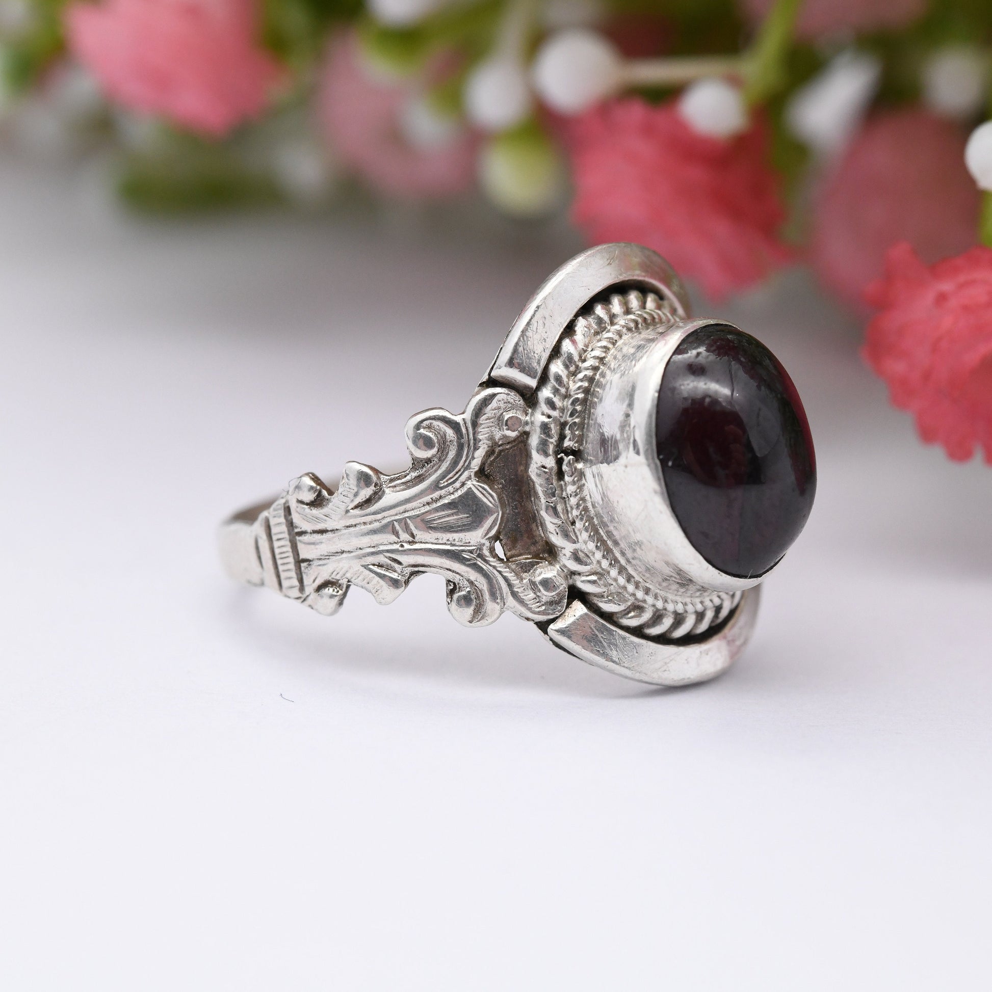 Vintage Silver Cabochon Garnet Ring Ornate Antique Design - Red Stone Statement Ring | UK Size - Q 1/2 | US Size - 8 1/4