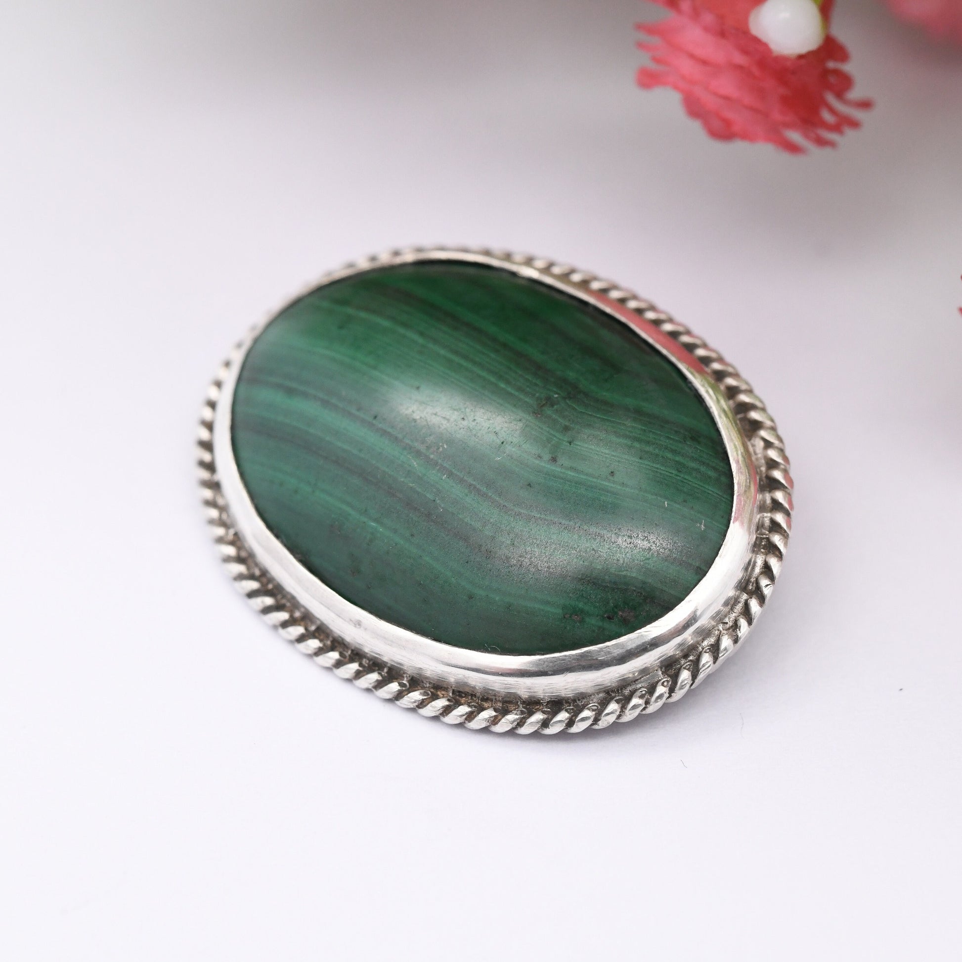 Vintage Sterling Silver Malachite Brooch - Stiped Green Gemstone | Mid-Century Rope Twist