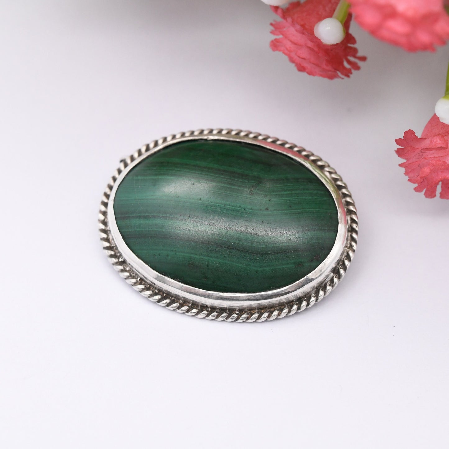 Vintage Sterling Silver Malachite Brooch - Stiped Green Gemstone | Mid-Century Rope Twist