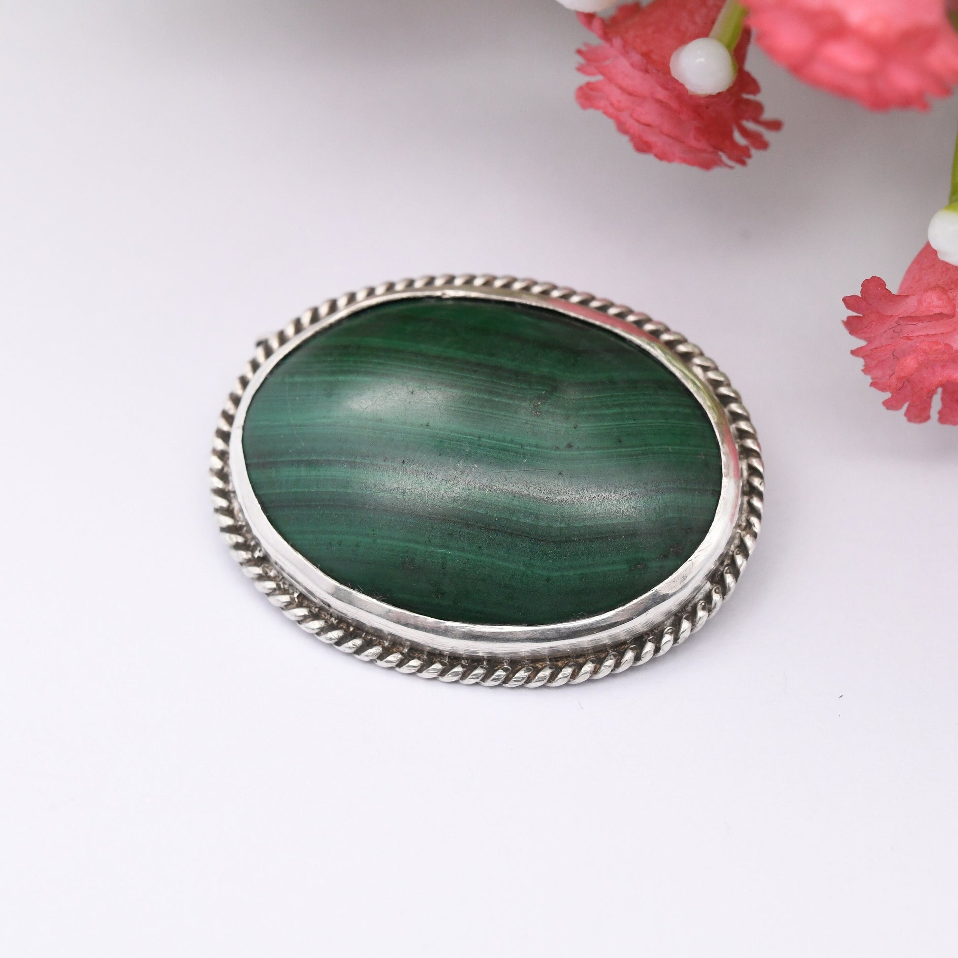 Vintage Sterling Silver Malachite Brooch - Stiped Green Gemstone | Mid-Century Rope Twist