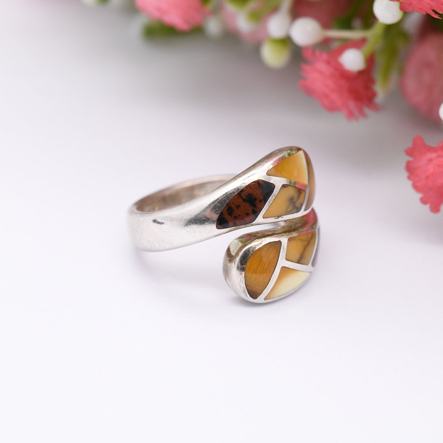 Whitney Kelly Sterling Silver Brown Gemstone Ring 2005 - Chunky Statement Bypass | Tiger's Eye Jasper Shell | UK Size - M | US Size - 6 1/4