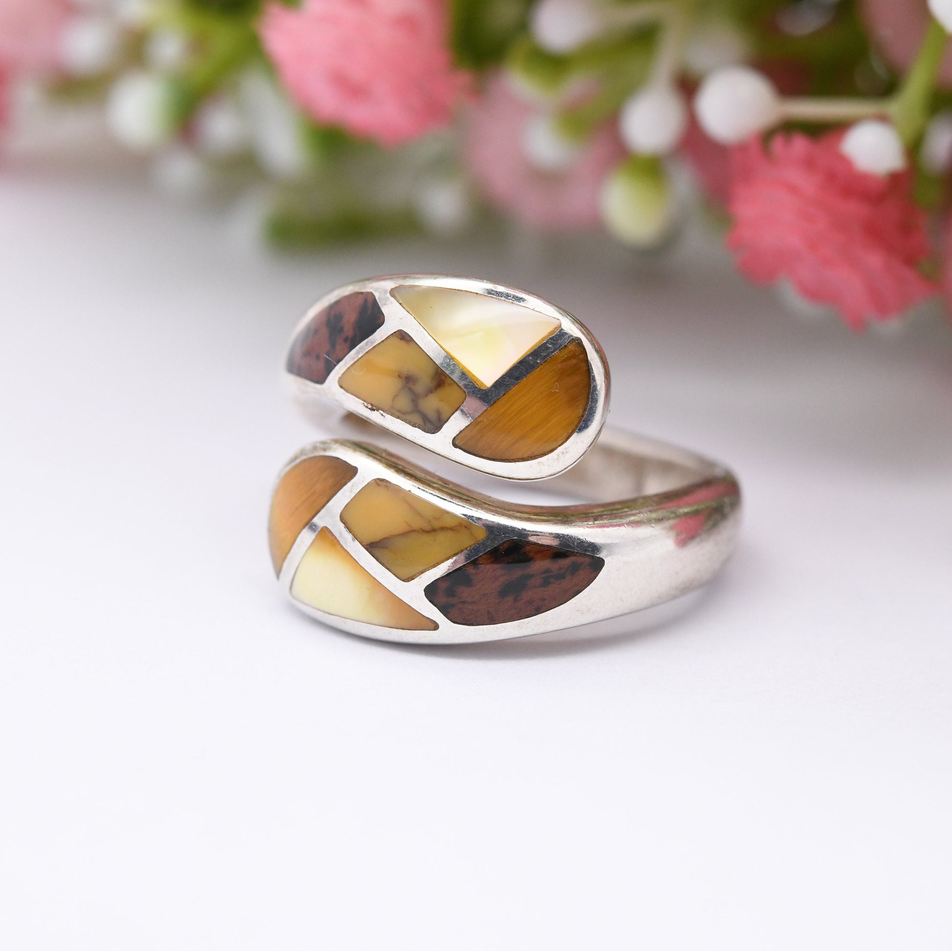 Whitney Kelly Sterling Silver Brown Gemstone Ring 2005 - Chunky Statement Bypass | Tiger's Eye Jasper Shell | UK Size - M | US Size - 6 1/4