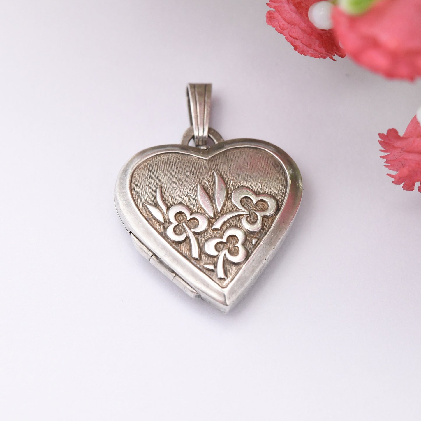 Vintage Sterling Silver Heart Locket Pendant with Flower Design by Kordes and Lichtenfels K&L - Love Heart Shape Locket Pretty Gift for Her