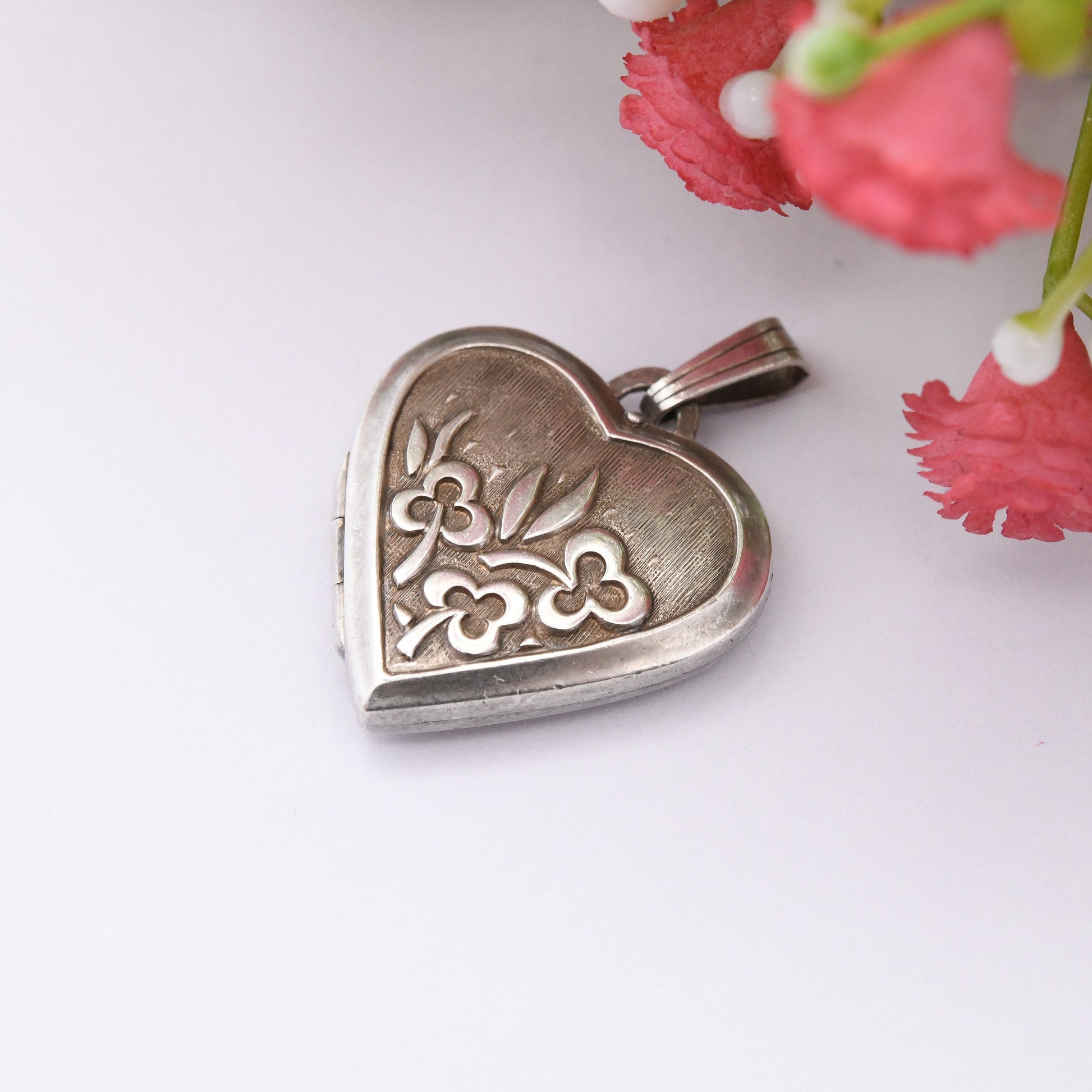 Vintage Sterling Silver Heart Locket Pendant with Flower Design by Kordes and Lichtenfels K&L - Love Heart Shape Locket Pretty Gift for Her