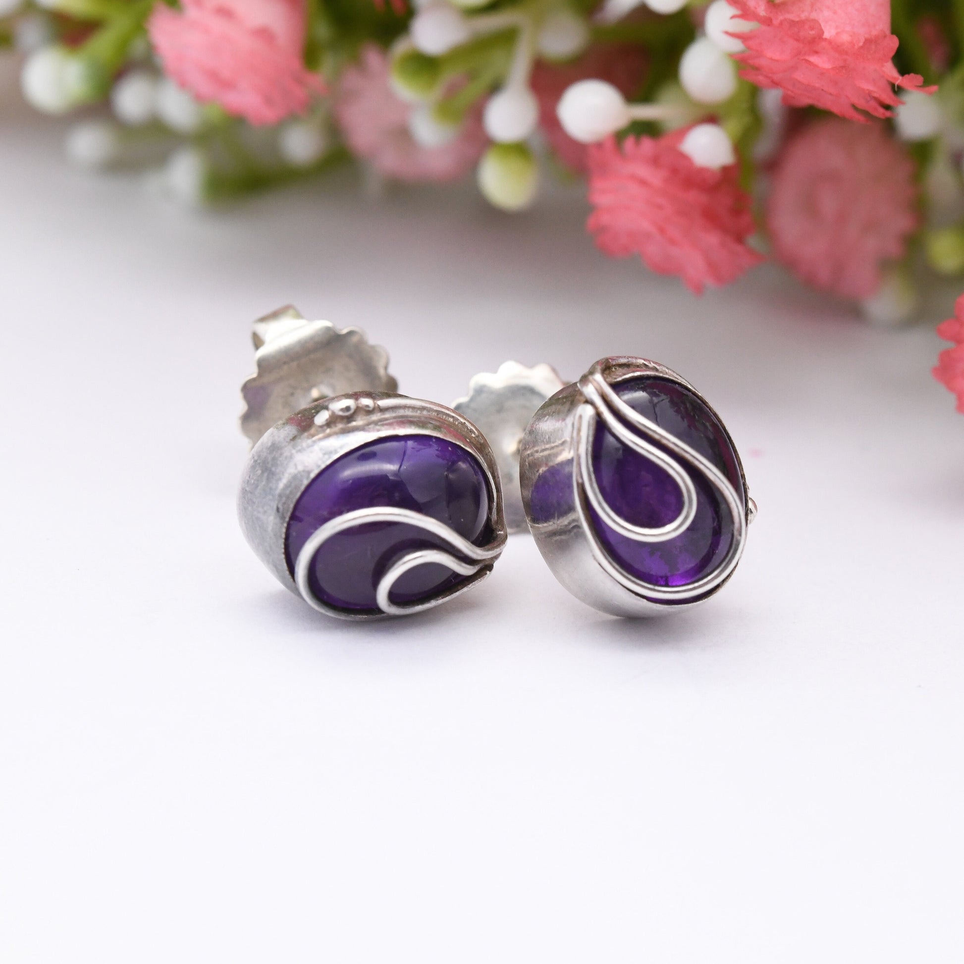 Vintage Sterling Silver Amethyst Stud Earrings - Large Chunky Studs | Purple Gemstones with Silver Swirls