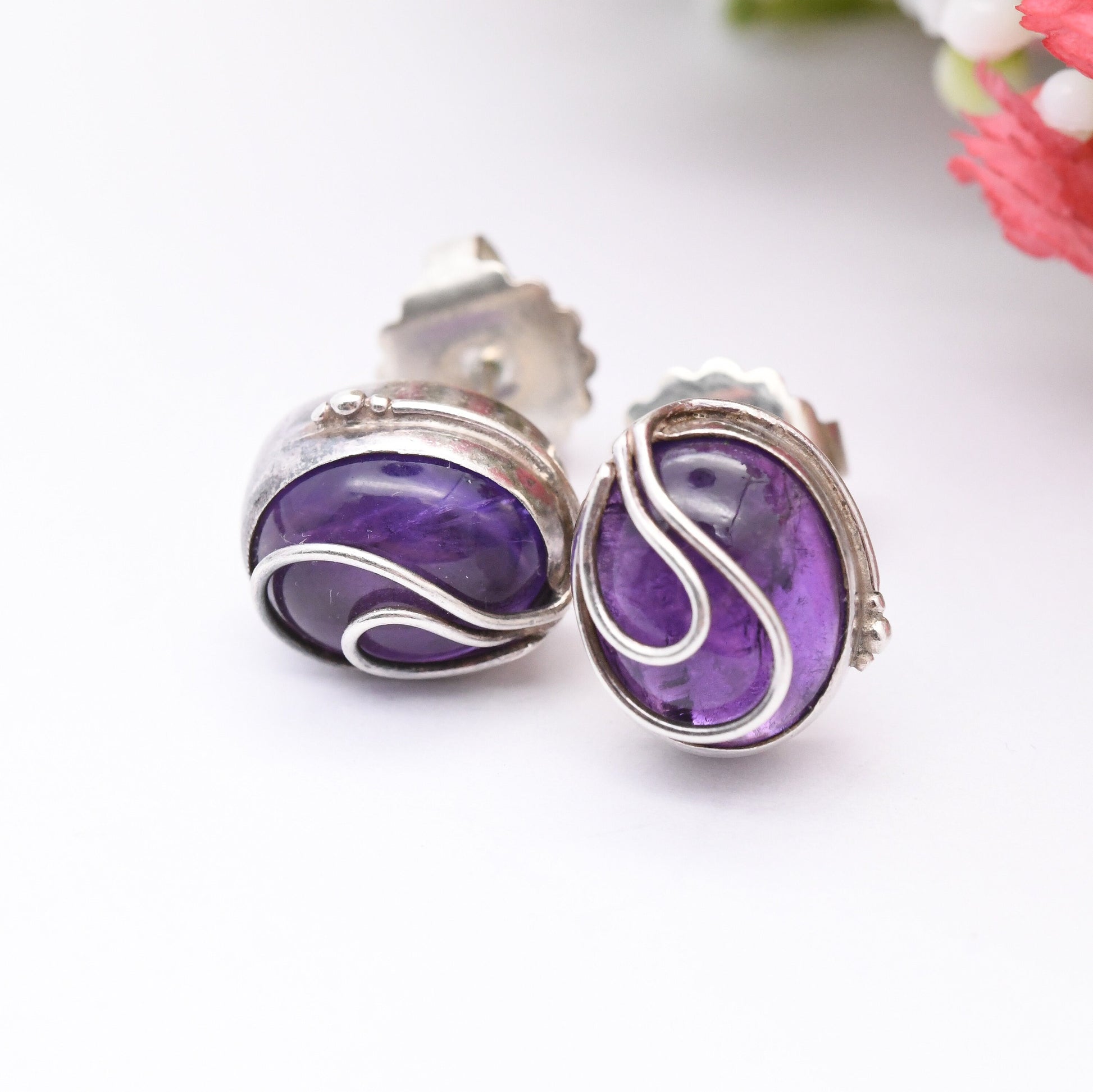 Vintage Sterling Silver Amethyst Stud Earrings - Large Chunky Studs | Purple Gemstones with Silver Swirls