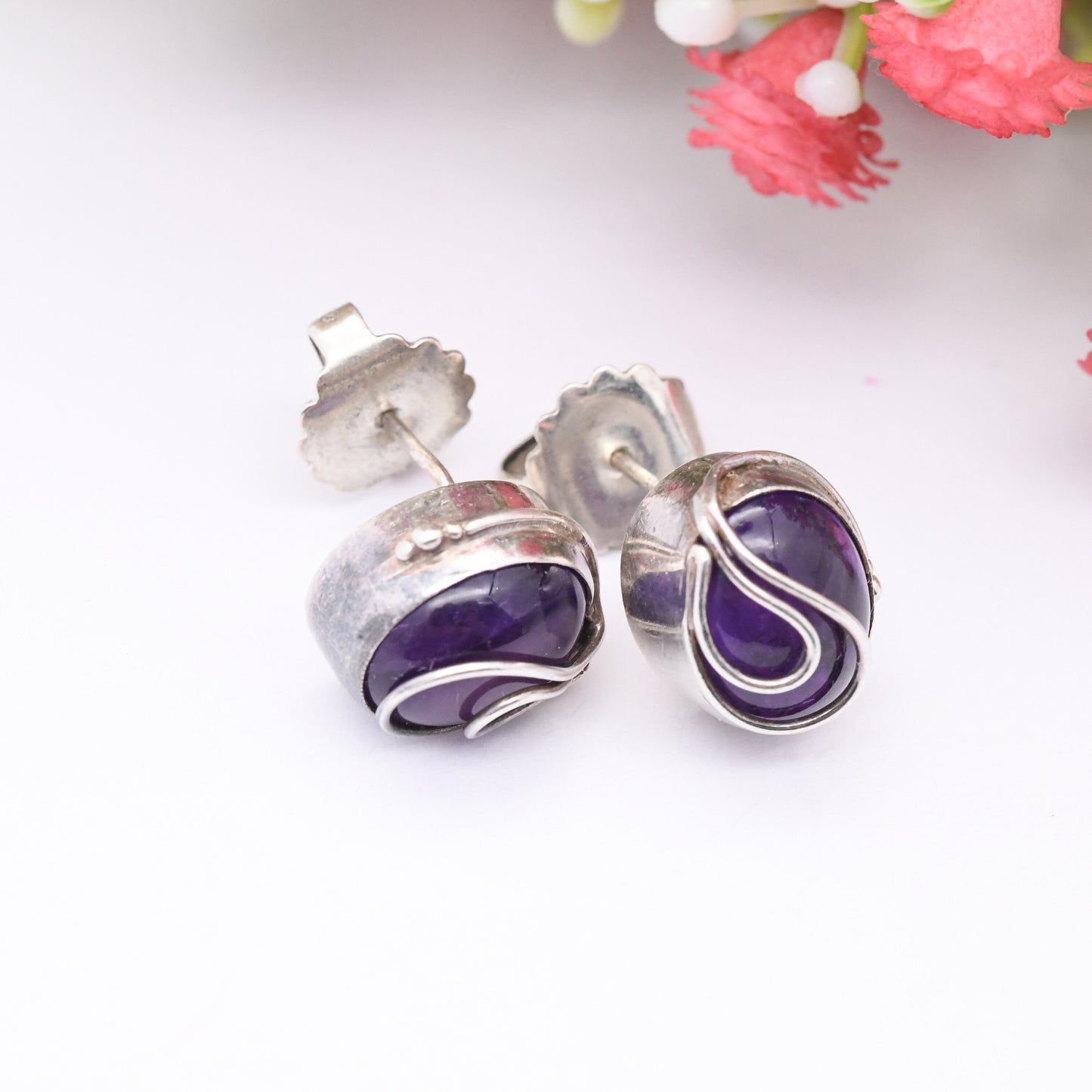 Vintage Sterling Silver Amethyst Stud Earrings - Large Chunky Studs | Purple Gemstones with Silver Swirls