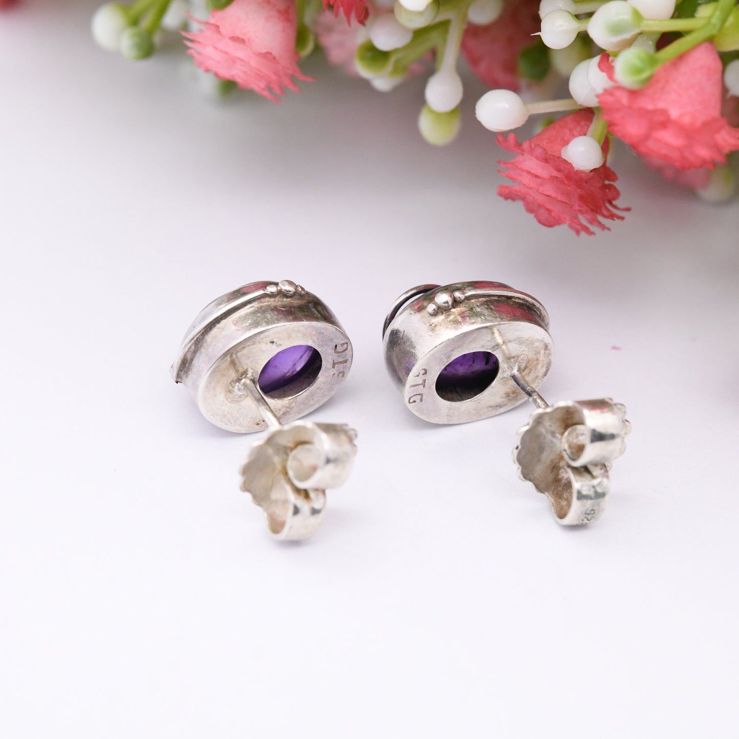 Vintage Sterling Silver Amethyst Stud Earrings - Large Chunky Studs | Purple Gemstones with Silver Swirls