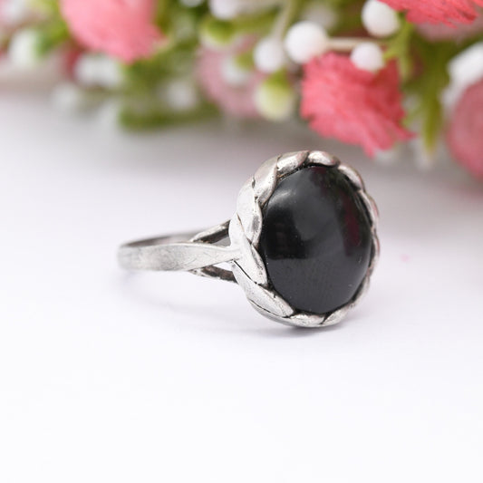 Vintage Sterling Silver Onyx Statement Ring with Rope Twist Bezel - Black Gemstone Unisex Jewellery | UK Size - N | US Size - 6 3/4