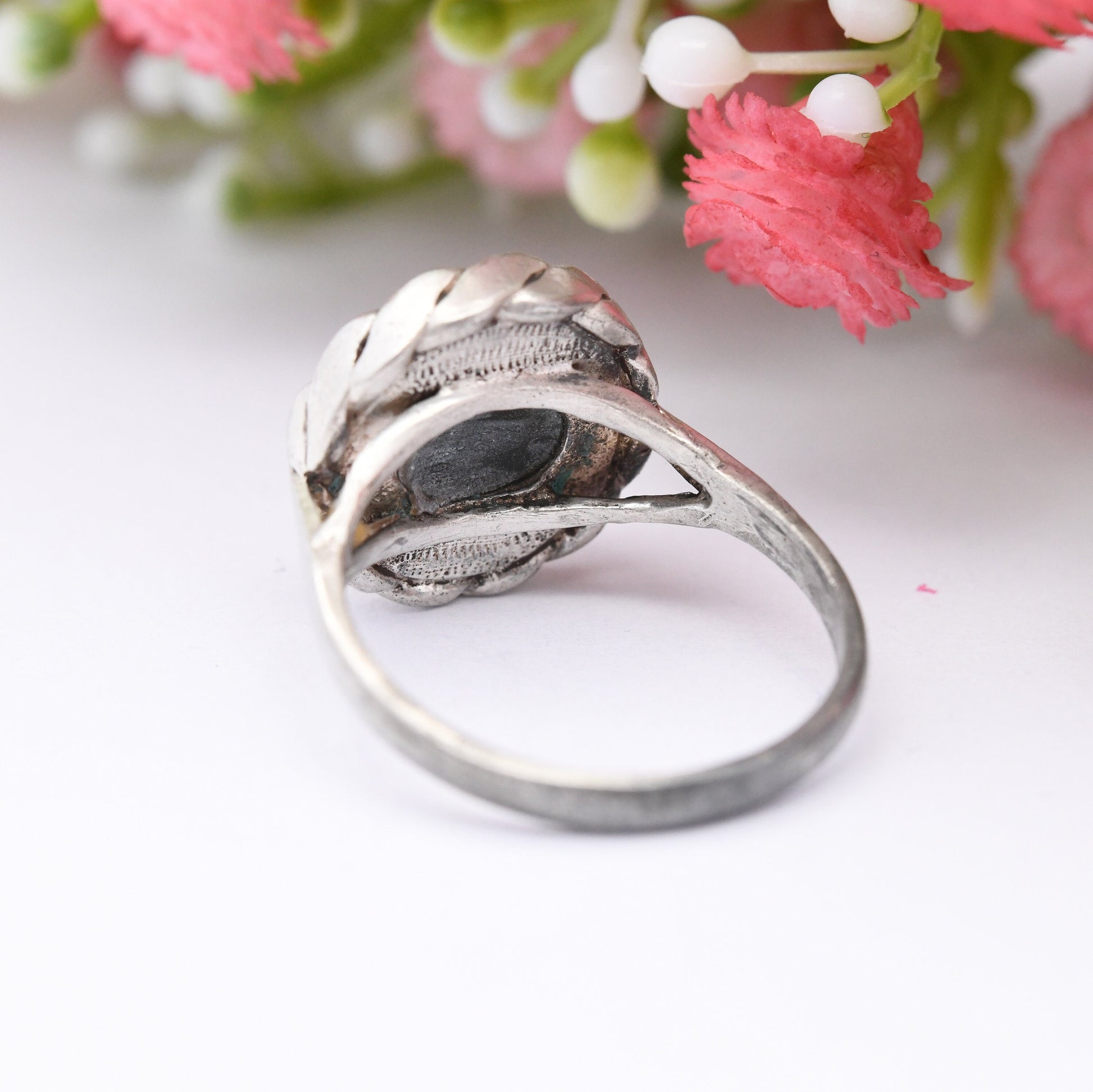 Vintage Sterling Silver Onyx Statement Ring with Rope Twist Bezel - Black Gemstone Unisex Jewellery | UK Size - N | US Size - 6 3/4