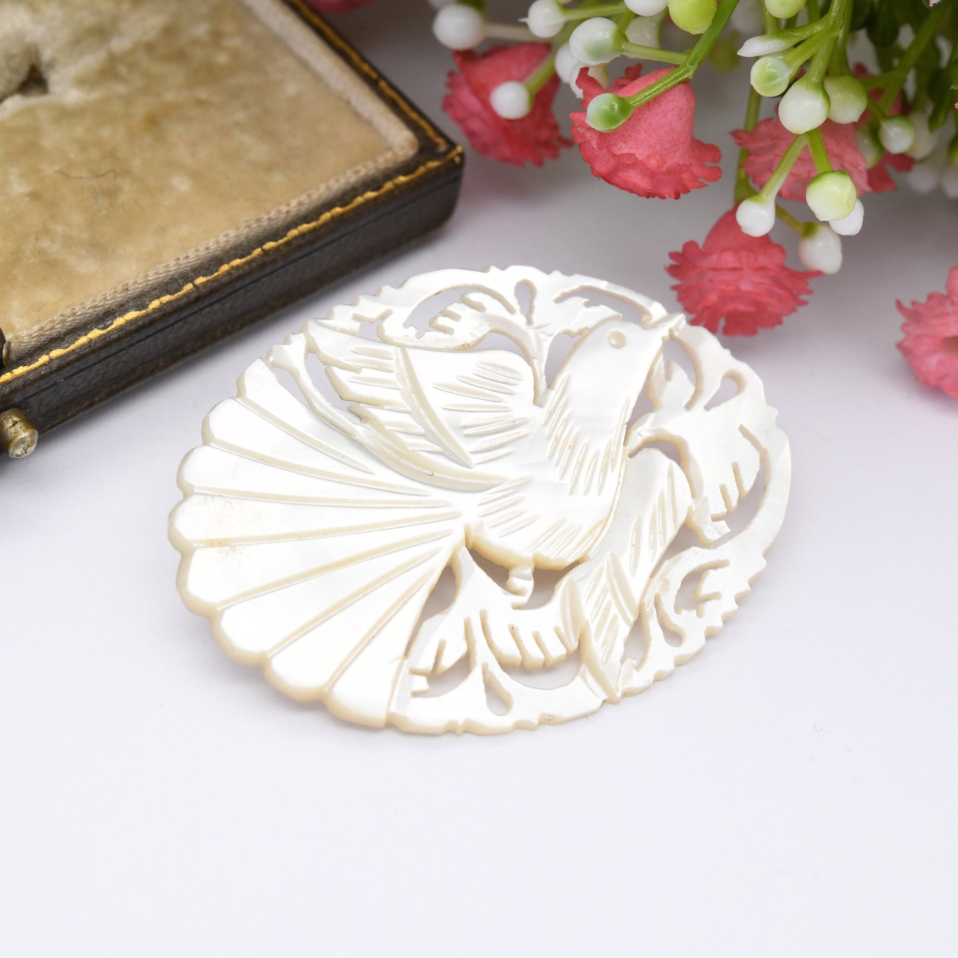 Vintage Bethlehem Mother of Pearl Brooch with Engraved Bird Design - Ornate Openwork Oval Shape