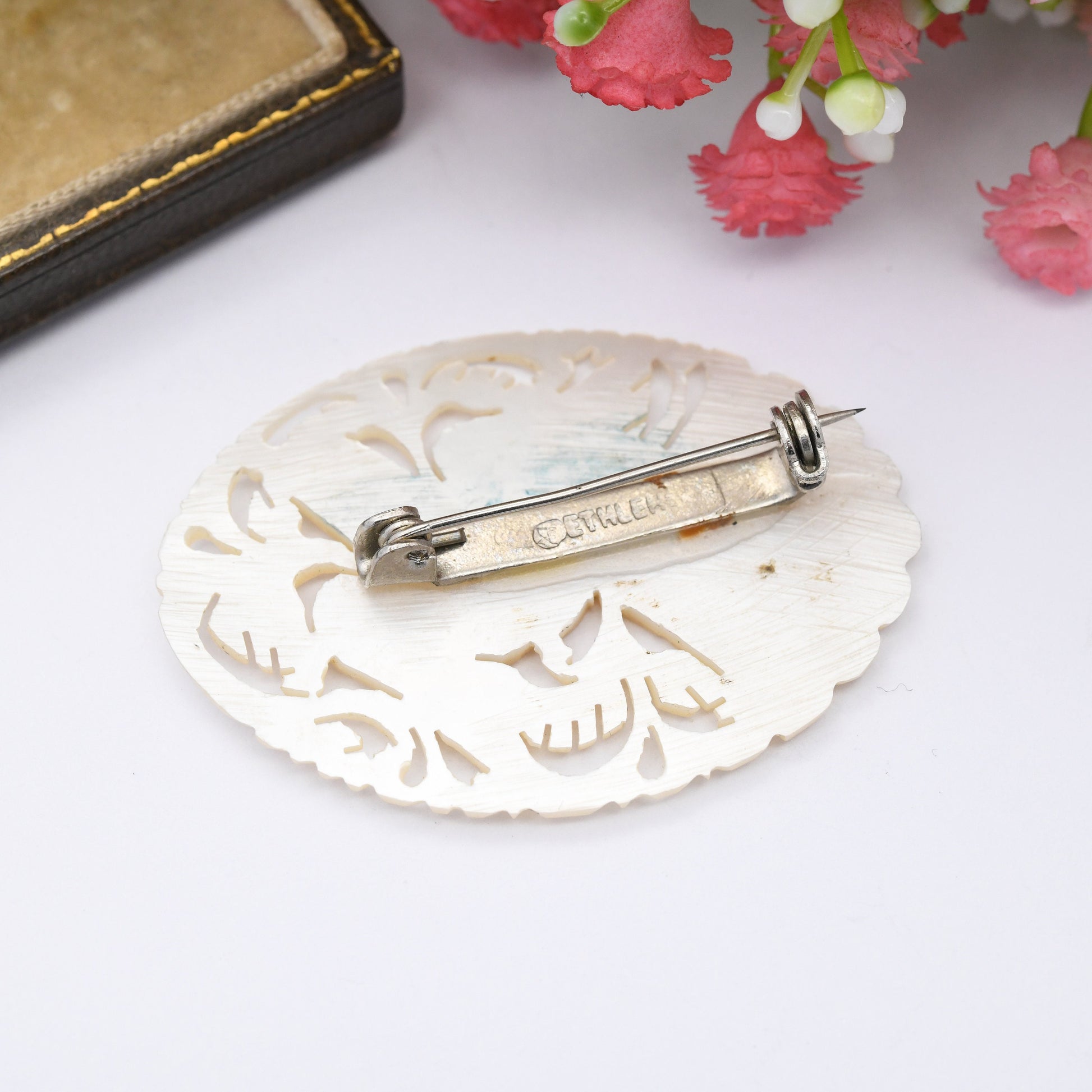 Vintage Bethlehem Mother of Pearl Brooch with Engraved Bird Design - Ornate Openwork Oval Shape