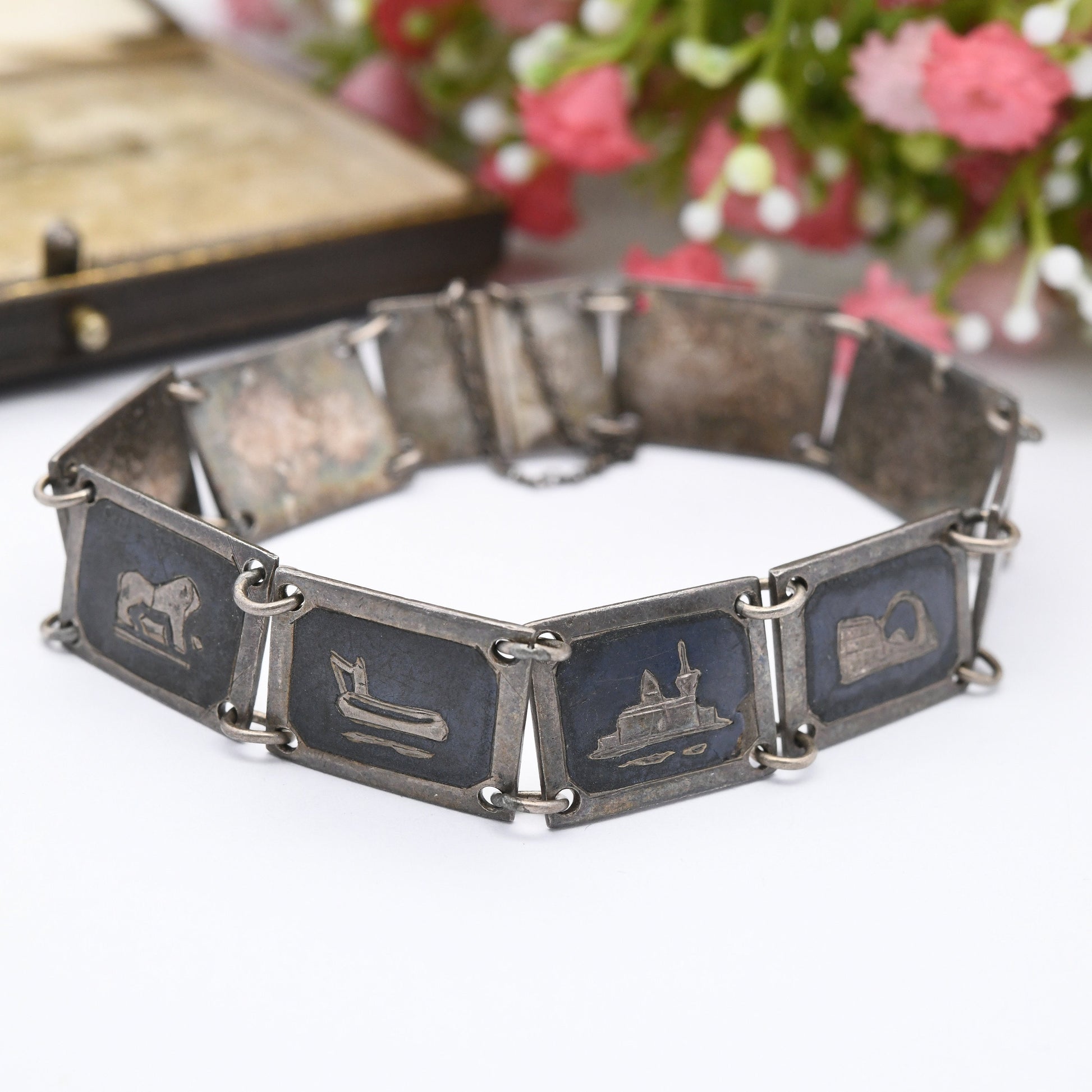 Vintage Egyptian Souvenir Silver Bracelet Engraved Black Niello - Panel Scenes River Nile Camel Palm Trees | Slide Clasp and Safety Chain