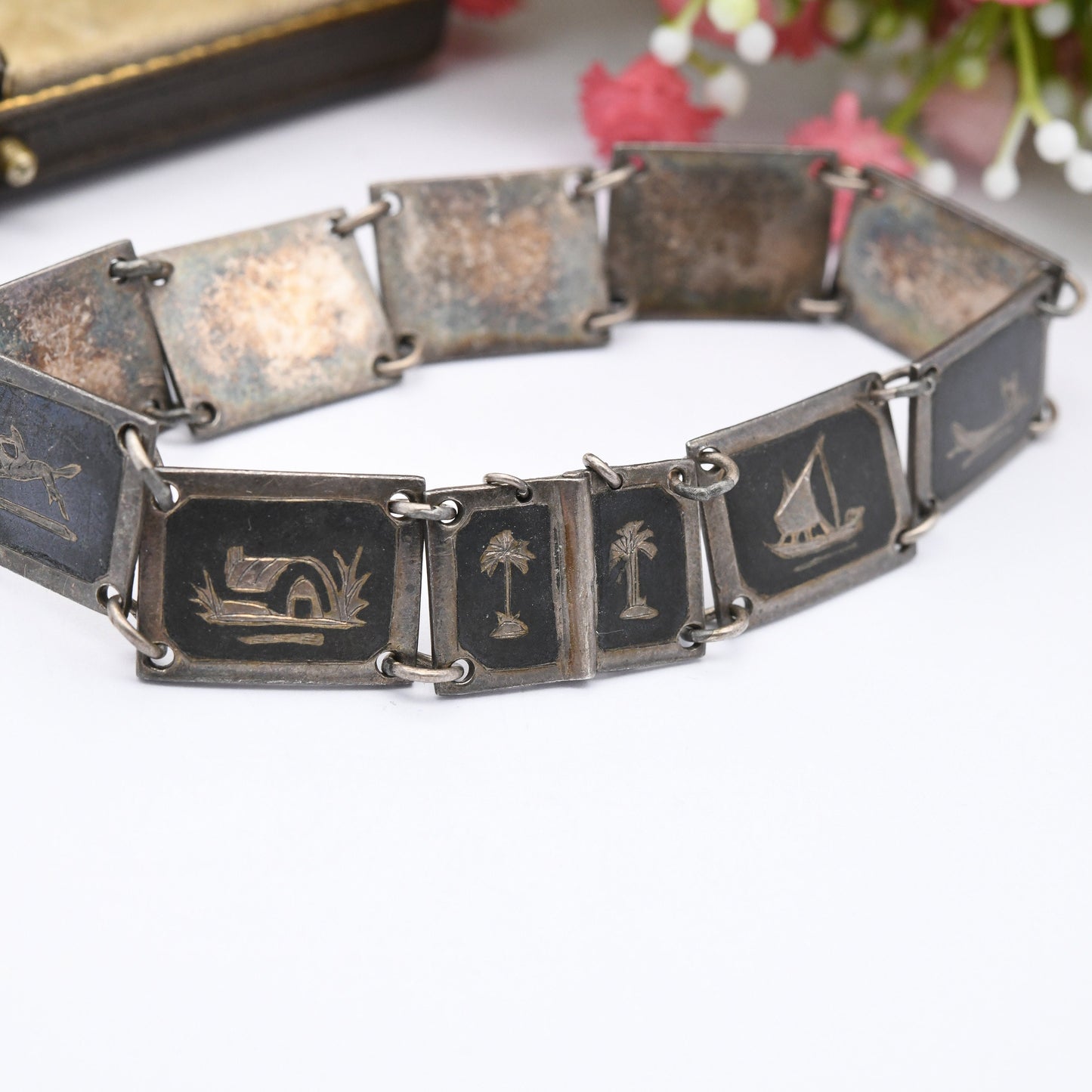 Vintage Egyptian Souvenir Silver Bracelet Engraved Black Niello - Panel Scenes River Nile Camel Palm Trees | Slide Clasp and Safety Chain