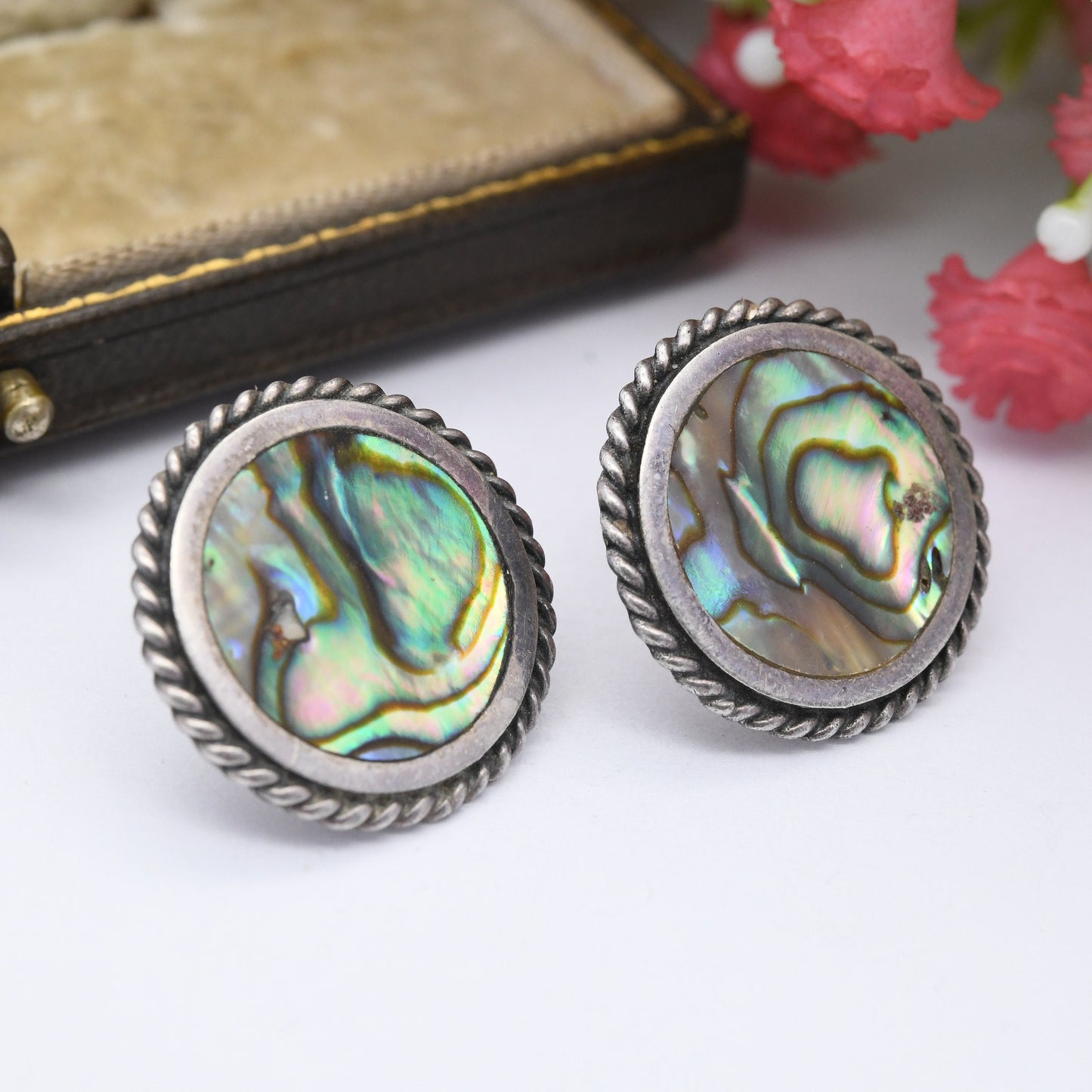 Vintage Sterling Silver Abalone Shell Stud Earrings - Large Statement Studs | Blue Paua Shell | Silver Rope Twist Design