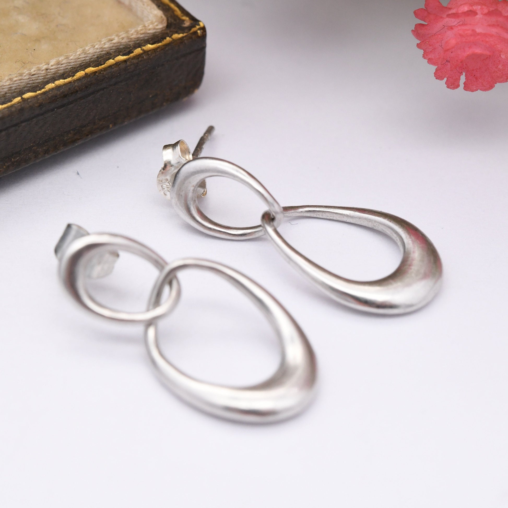 Vintage Sterling Silver Double Hoop Drop Earrings - Minimalist Silver Jewellery