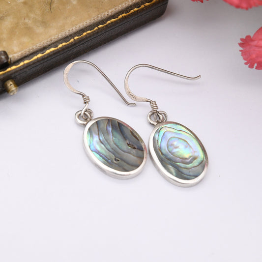 Vintage Sterling Silver Abalone Shell Drop Earrings - Stiped Paua Shell Hook Earrings