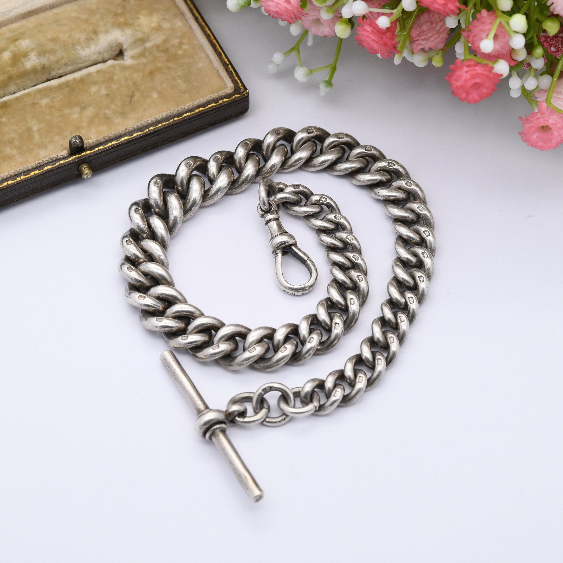 Antique Sterling Silver Albert Chain with Dog Clip and T-Bar 1902 by Henry Allday & Son - Graduated Curb Link | Pocket Watch Chain 12" | 86g
