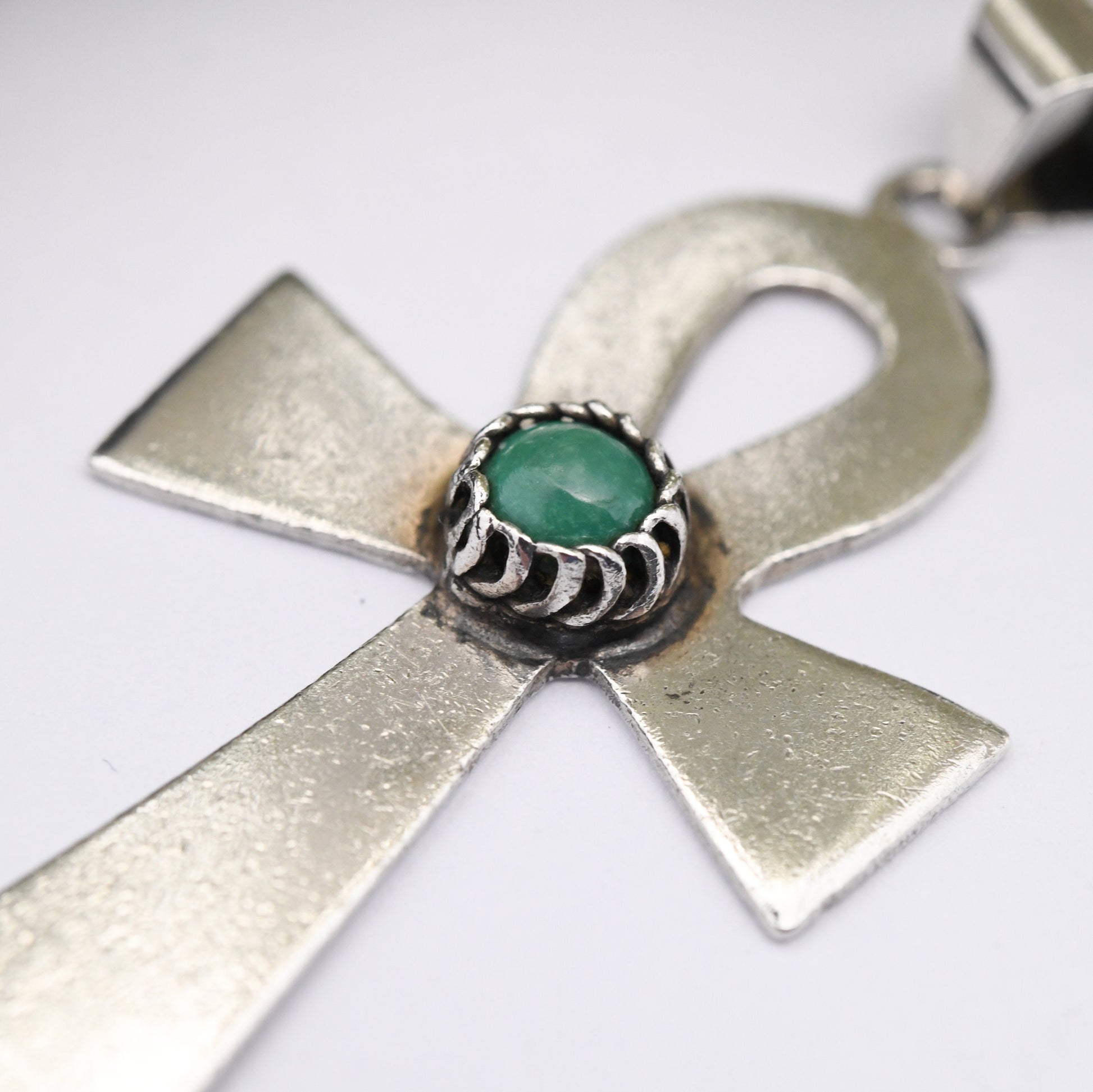 Vintage Egyptian Silver Ankh Pendant with Green Stone - Ancient Egypt Symbol of Life | Hooped Cross