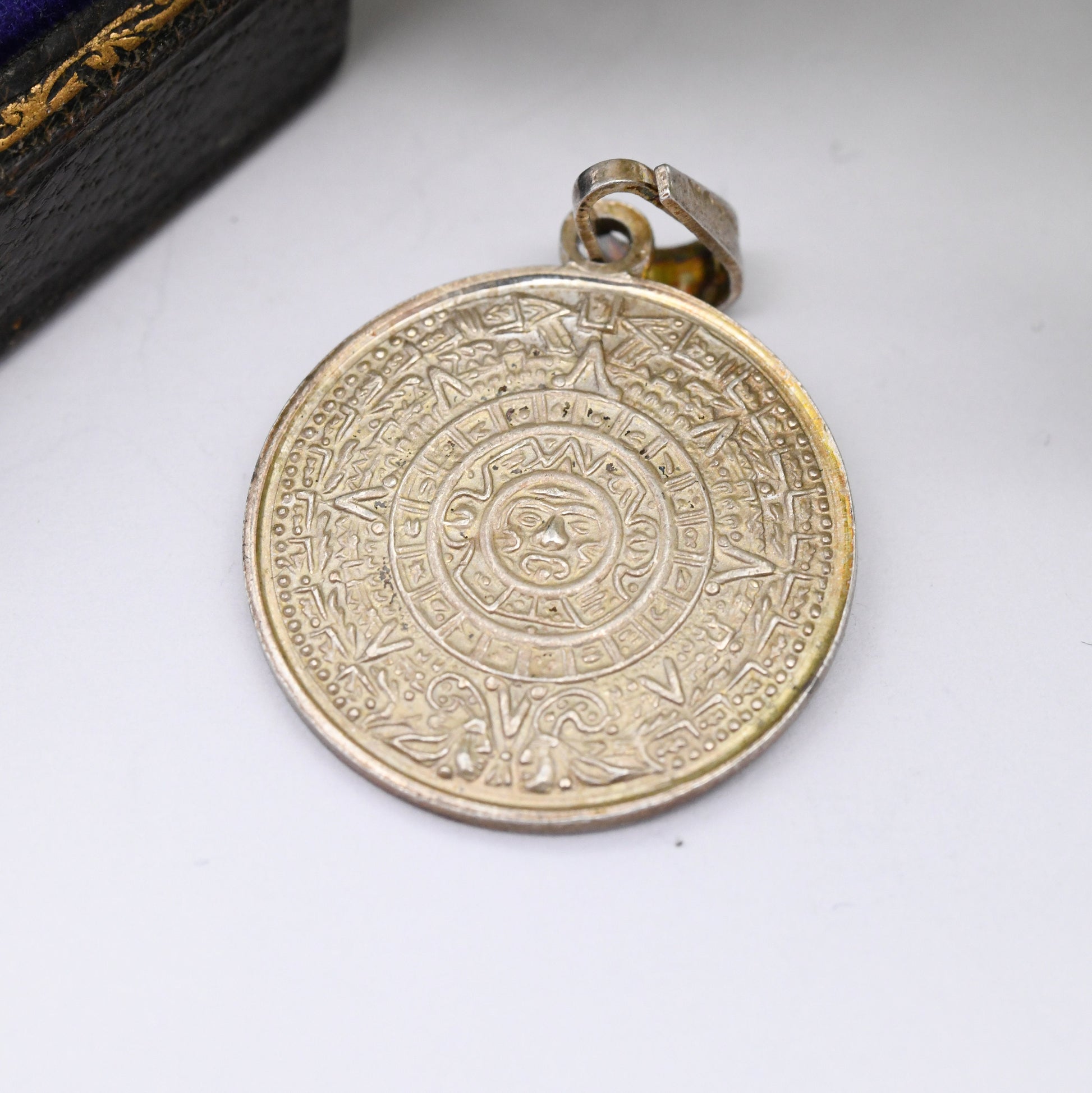 Vintage Mexican Sterling Silver Aztec Sun Stone Pendant - Made in Mexico Signed | Circular Token