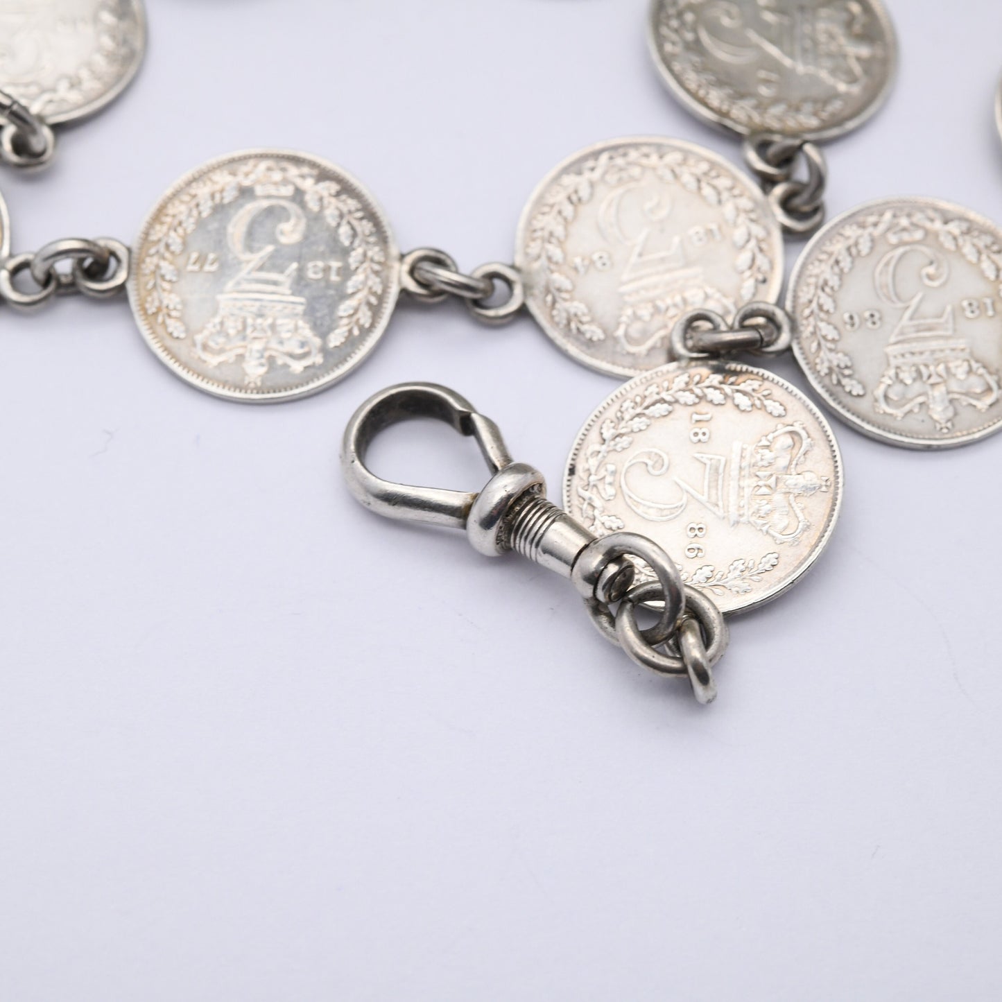 Antique Victorian Silver Threepence Coin Necklace with Dog Clip 1877 - 1886 Queen Victoria Young Head Coin Jewellery | Length 43cm 17"