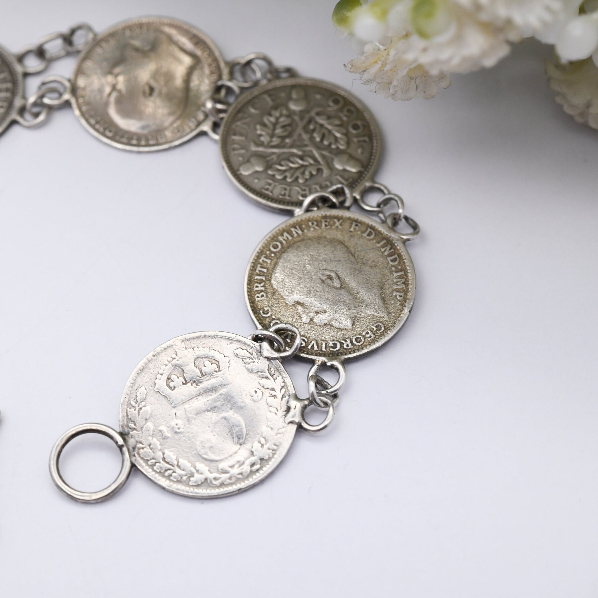 Antique Sterling Silver Threepence Coin Bracelet - Victoria 1906 Edward VII 1917 George V | Silver Coin Jewellery | Toggle Clasp