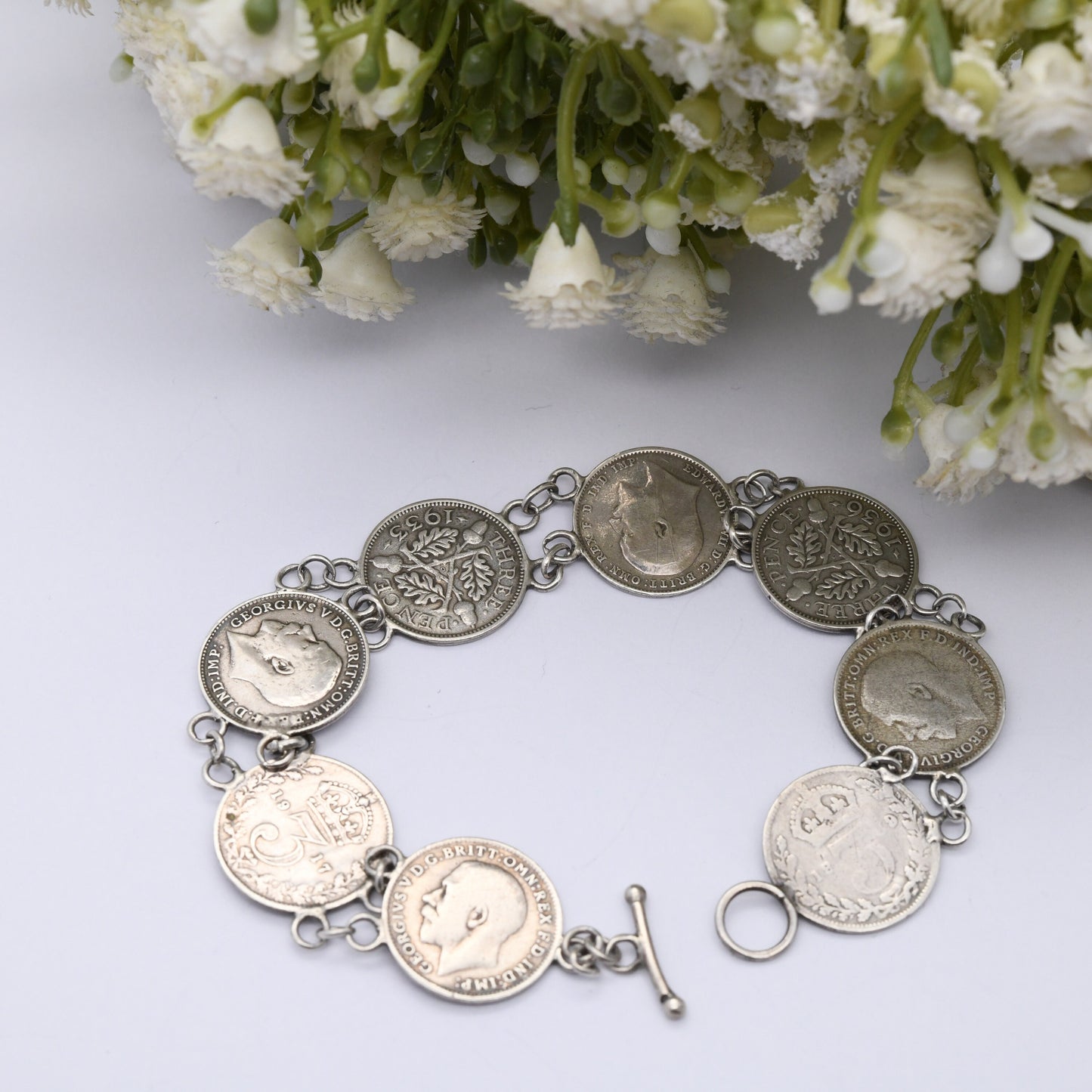 Antique Sterling Silver Threepence Coin Bracelet - Victoria 1906 Edward VII 1917 George V | Silver Coin Jewellery | Toggle Clasp